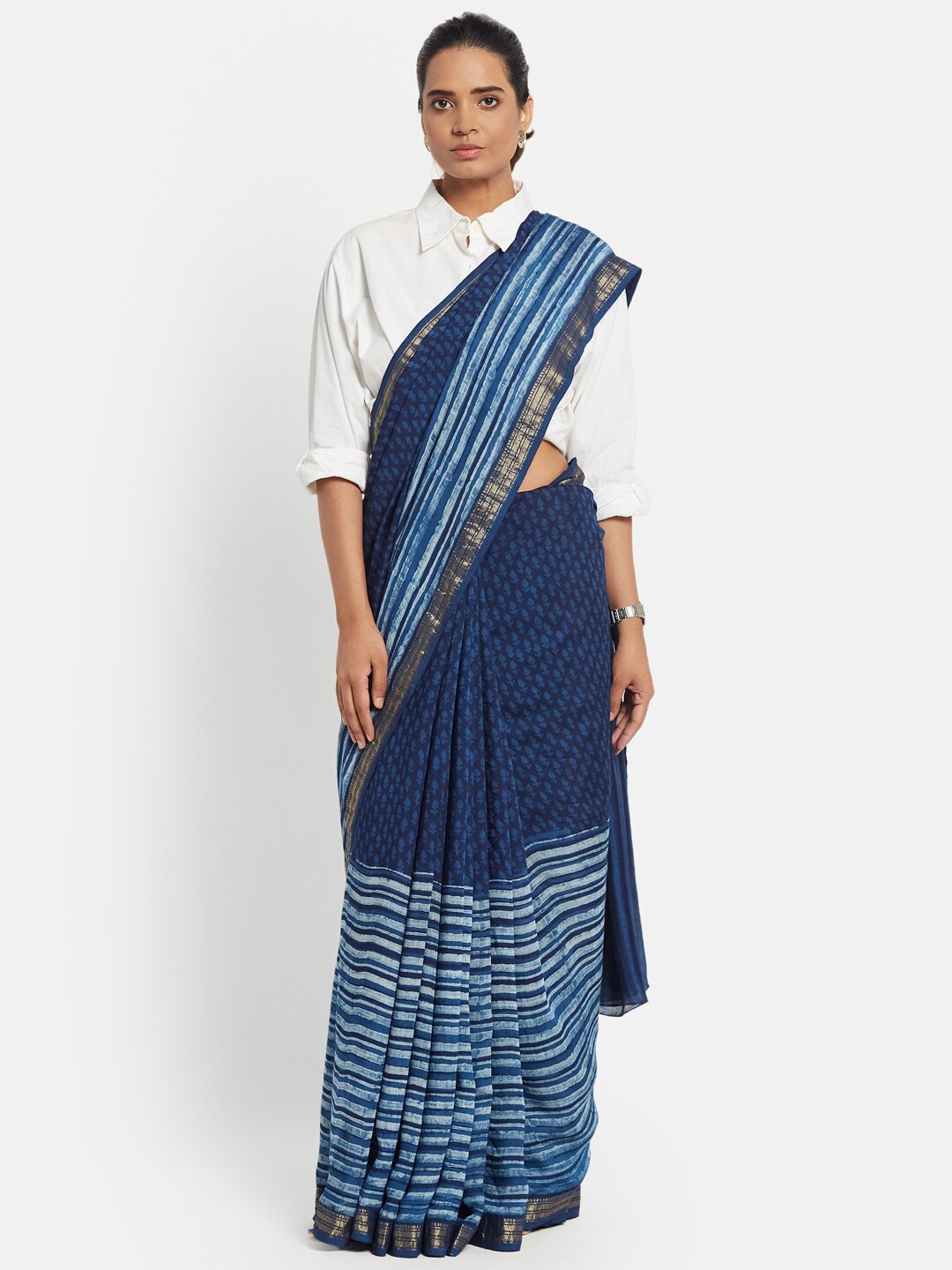 

Fabindia Blue & Gold-Toned Striped Zari Silk Cotton Saree
