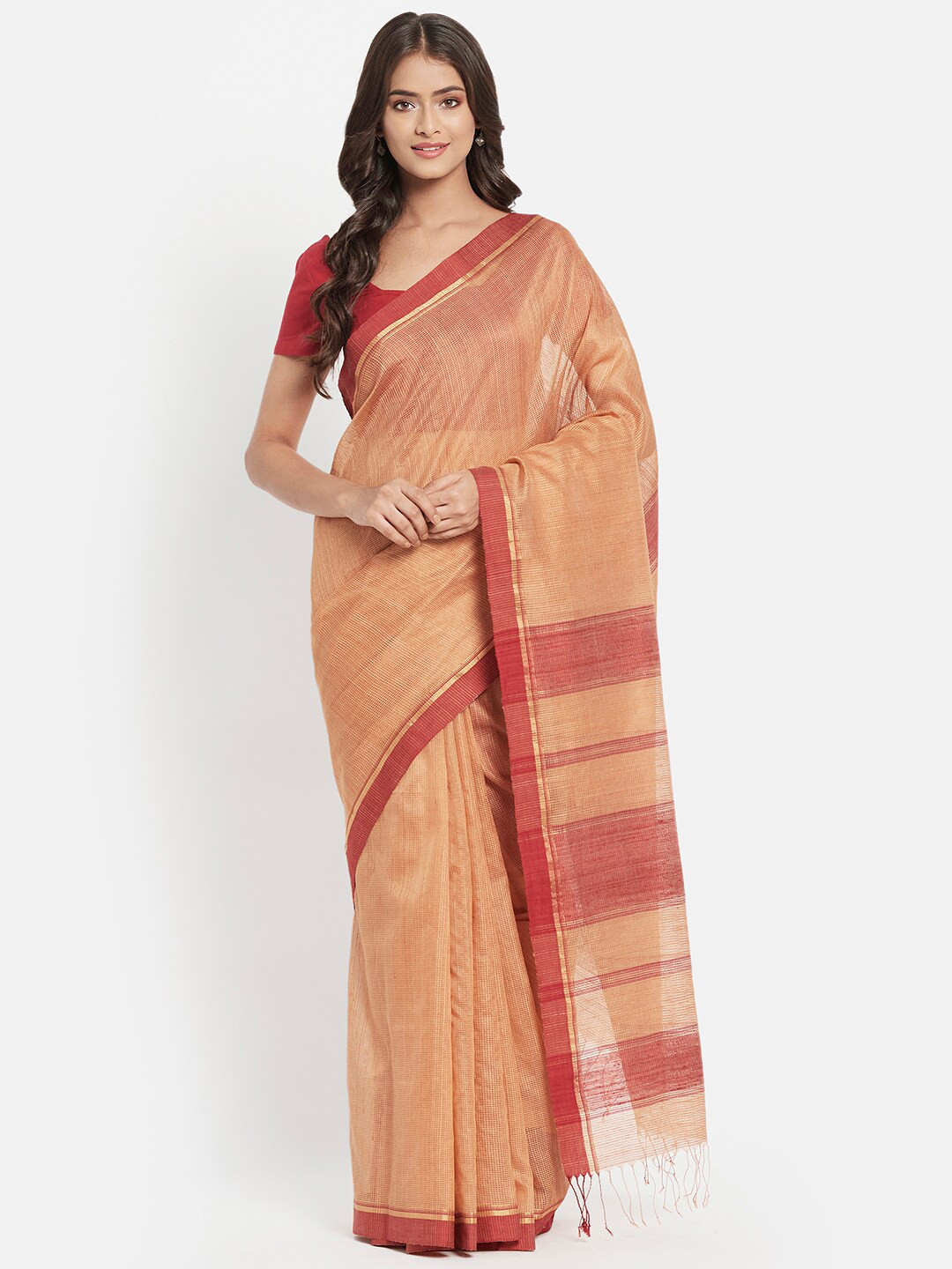 

Fabindia Orange & Cream-Coloured Woven Design Silk Cotton Saree