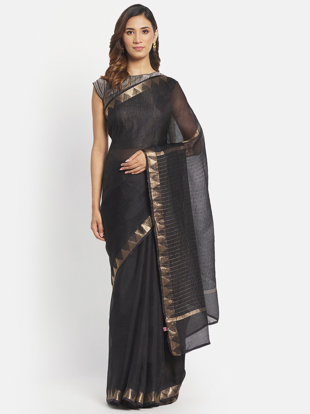 

Fabindia Black & Gold-Toned Zari Pure Silk Saree