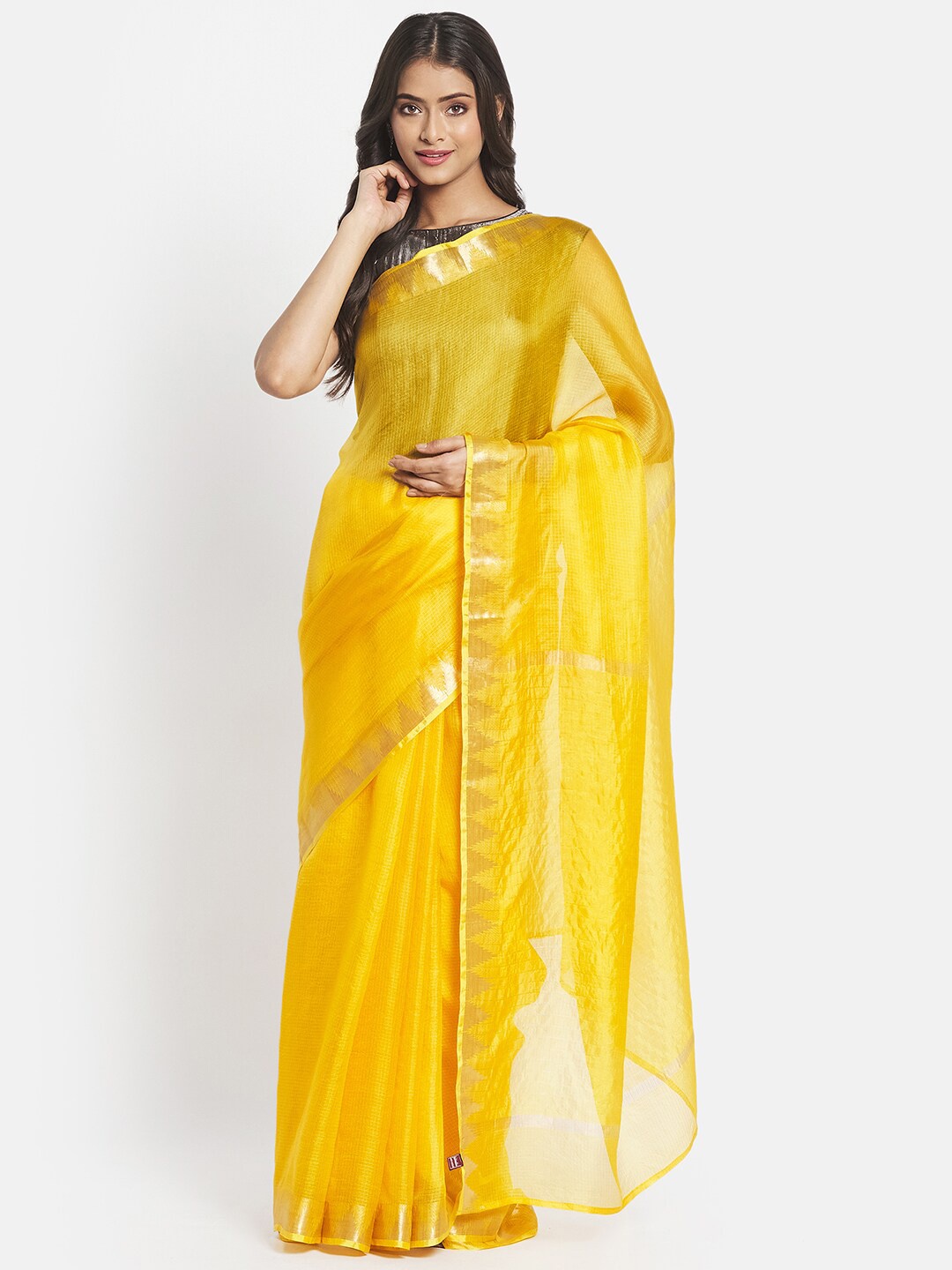 

Fabindia Yellow & Gold-Toned Woven Design Zari Pure Silk Saree