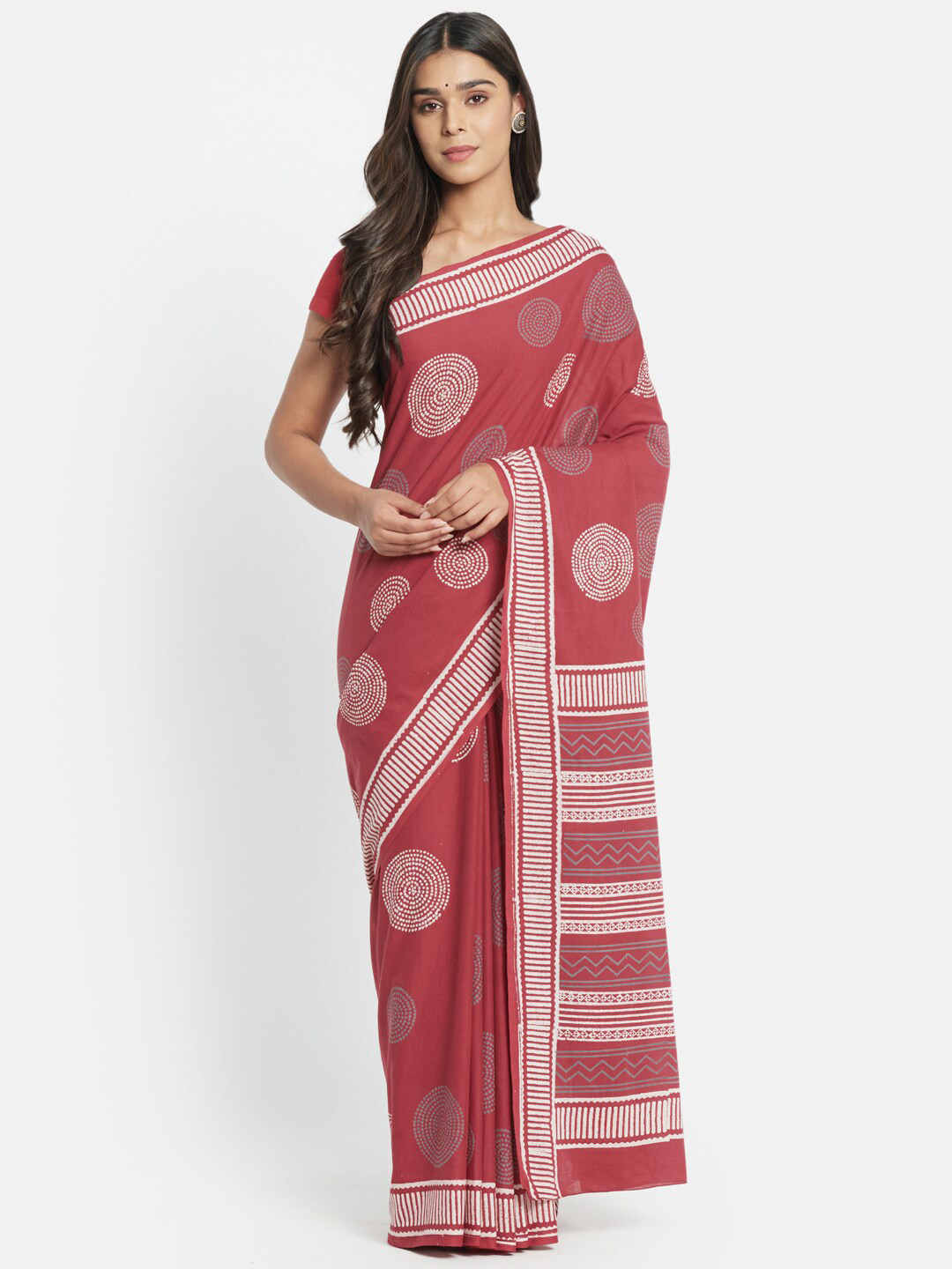 

Fabindia Red & White Bandhani Pure Cotton Block Print Saree