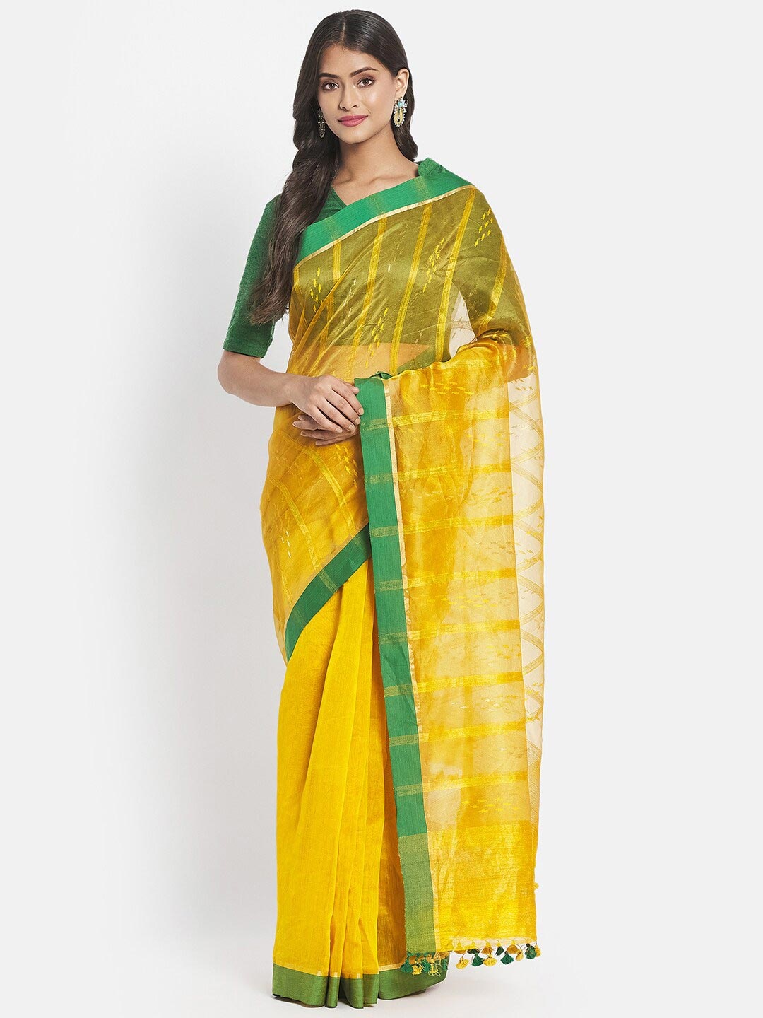 

Fabindia Yellow & Green Striped Zari Silk Cotton Jamdani Saree