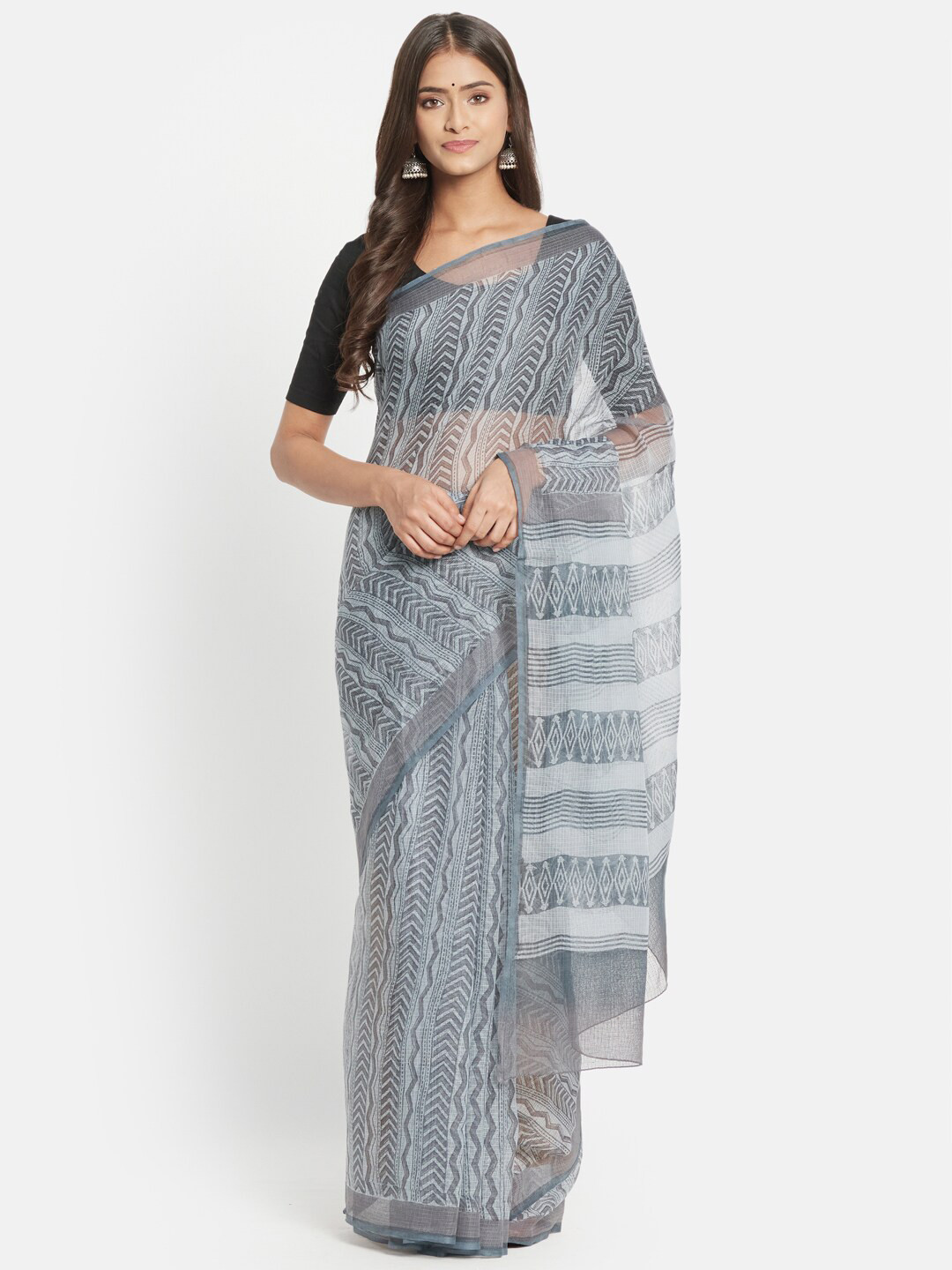 

Fabindia Grey & White Printed Silk Cotton Block Print Saree