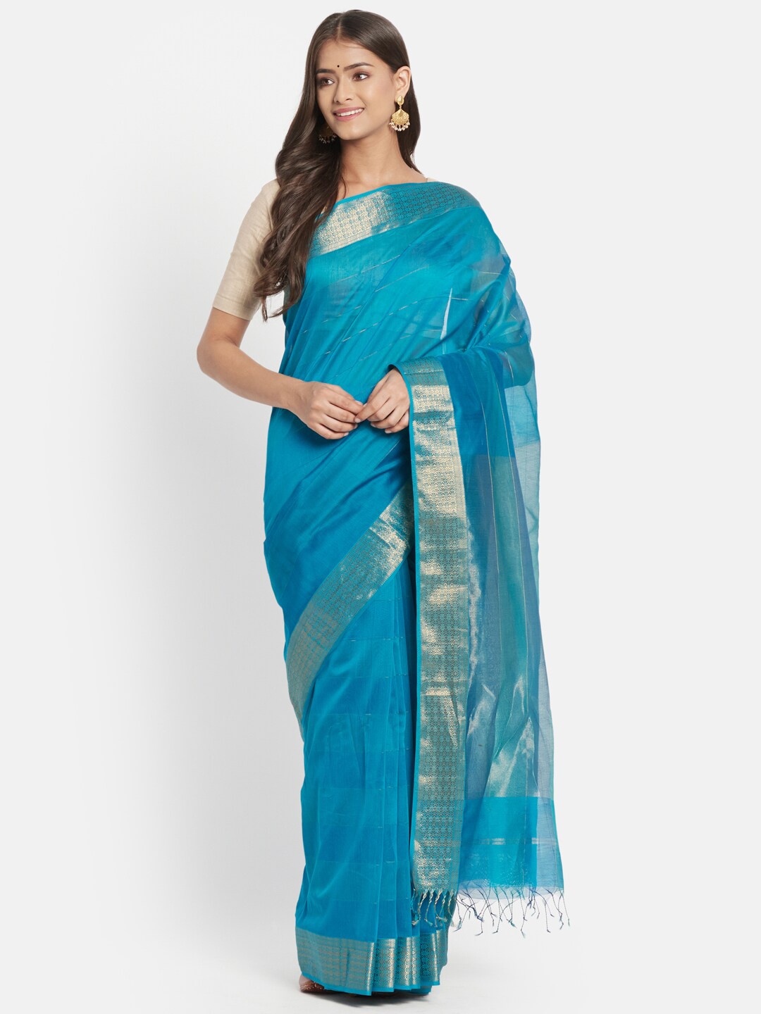 

Fabindia Women Blue & Gold-Toned Woven Design Zari Silk Cotton Silk Maheshwari Saree