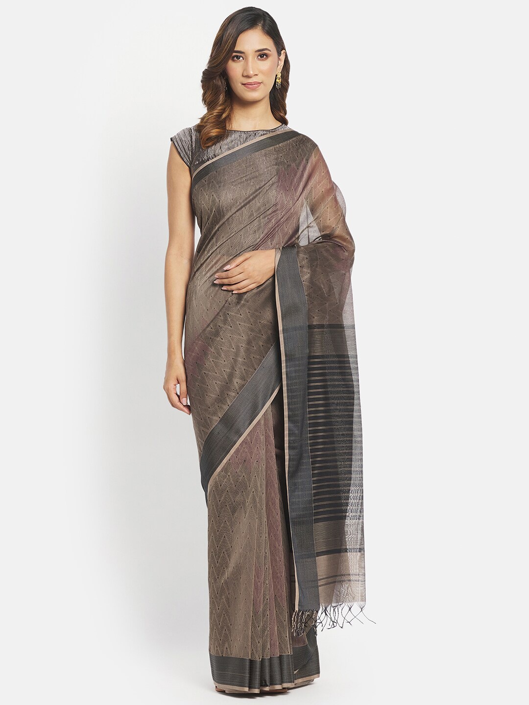 

Fabindia Grey & Black Woven Design Silk Cotton Block Print Saree