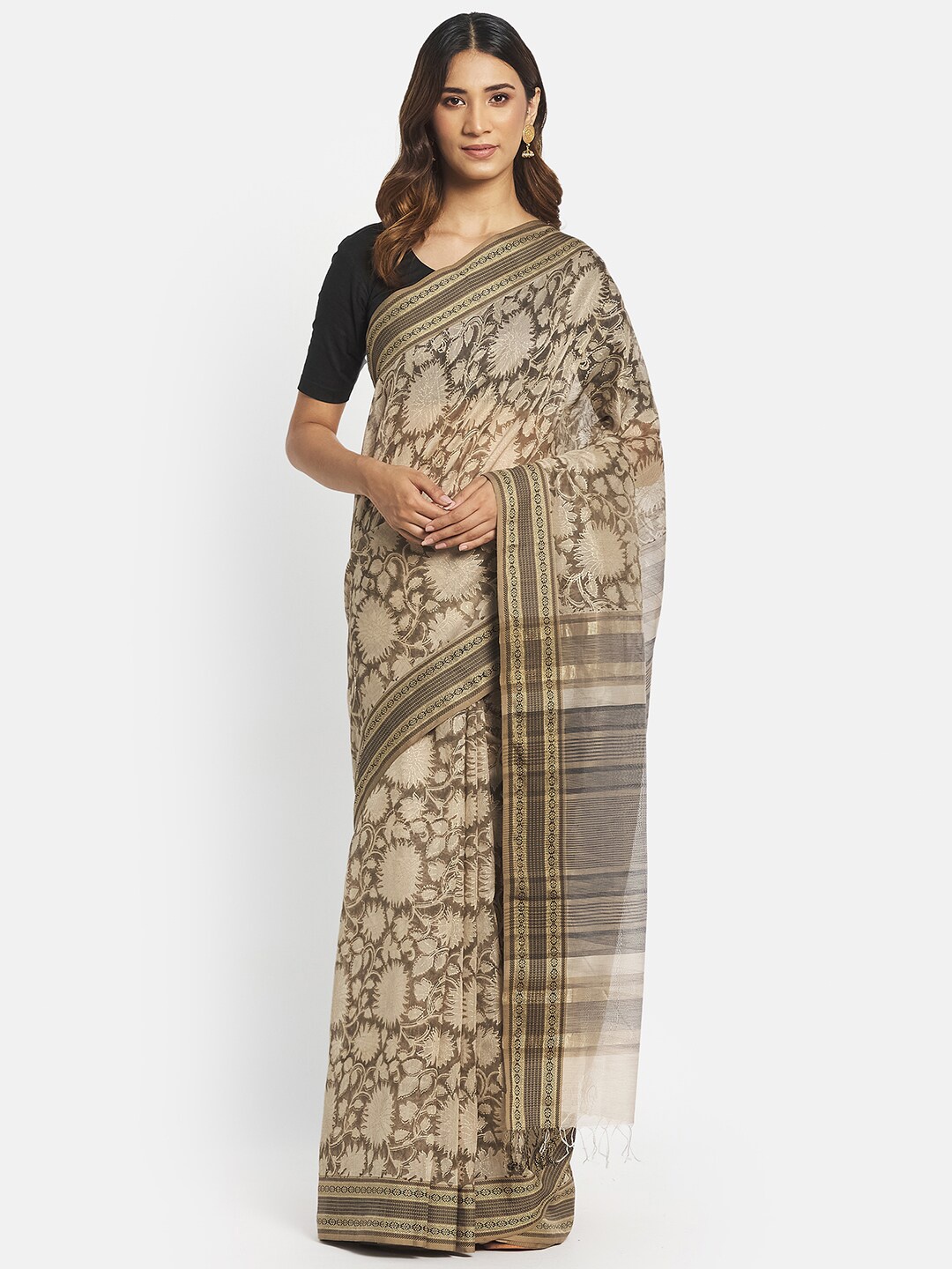 

Fabindia Olive Green Floral Silk Cotton Saree