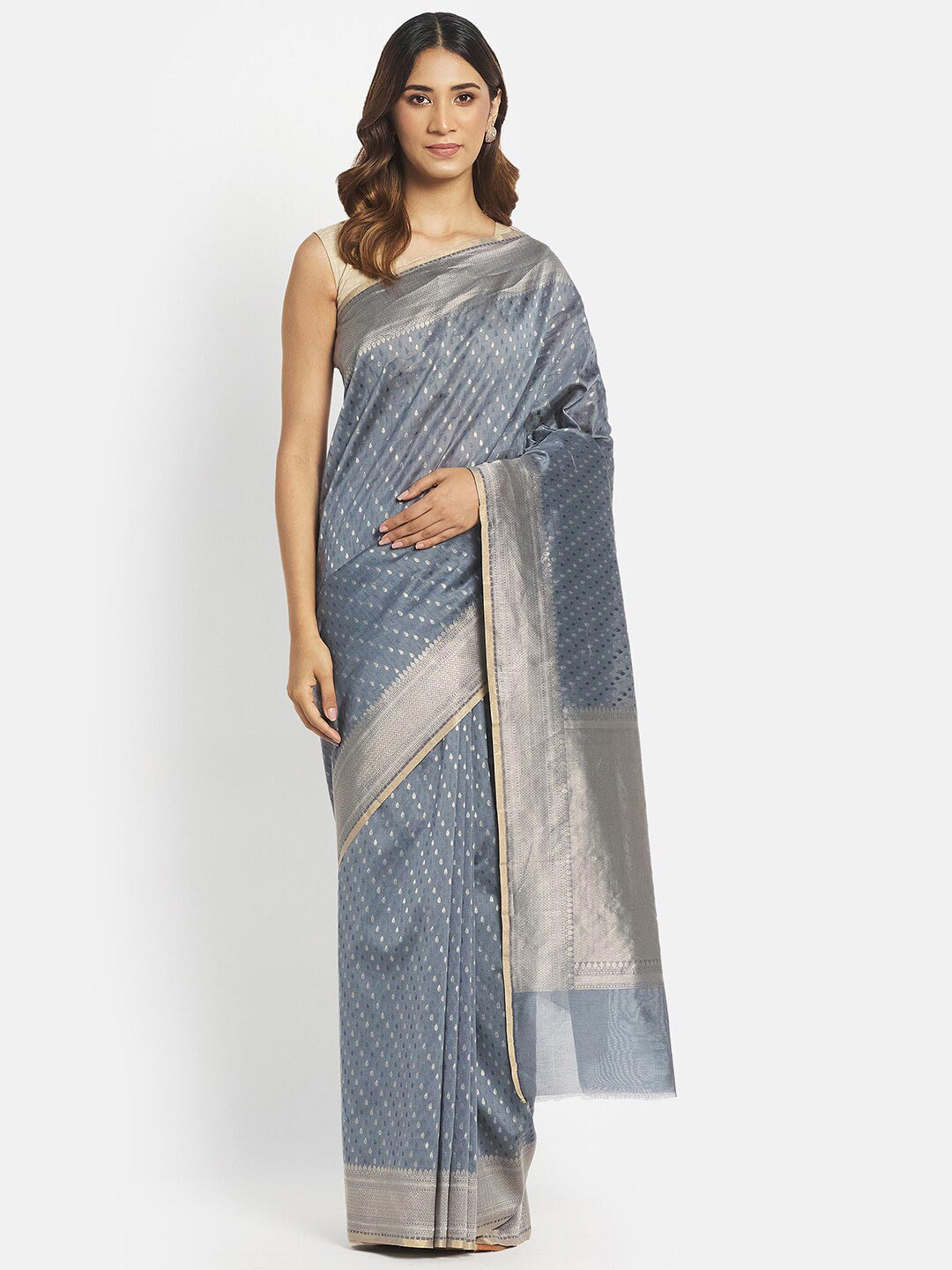 

Fabindia Women Grey & Silver-Toned Woven Design Zari Silk Cotton Saree