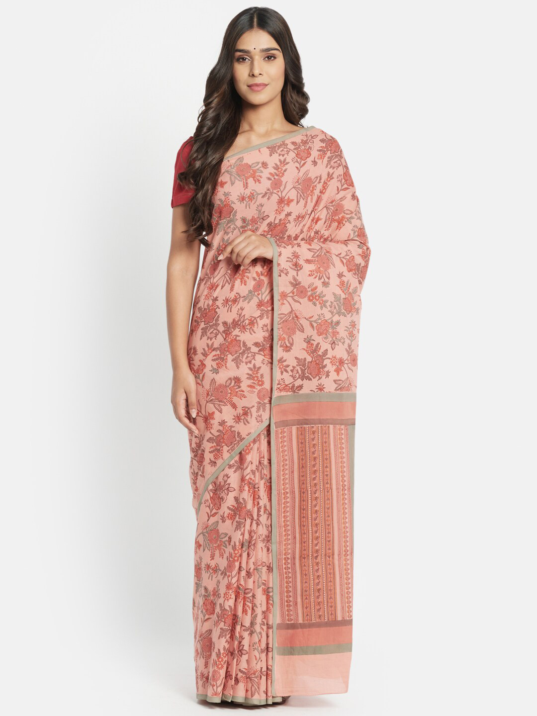 

Fabindia Pink & Green Floral Pure Cotton Block Print Saree