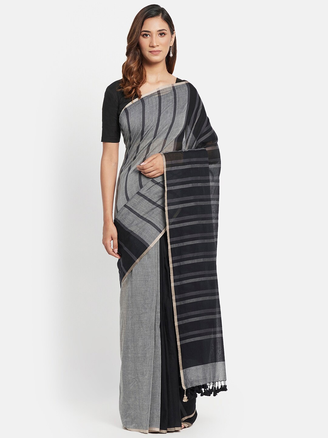 

Fabindia Grey & Black Striped Pure Cotton Saree
