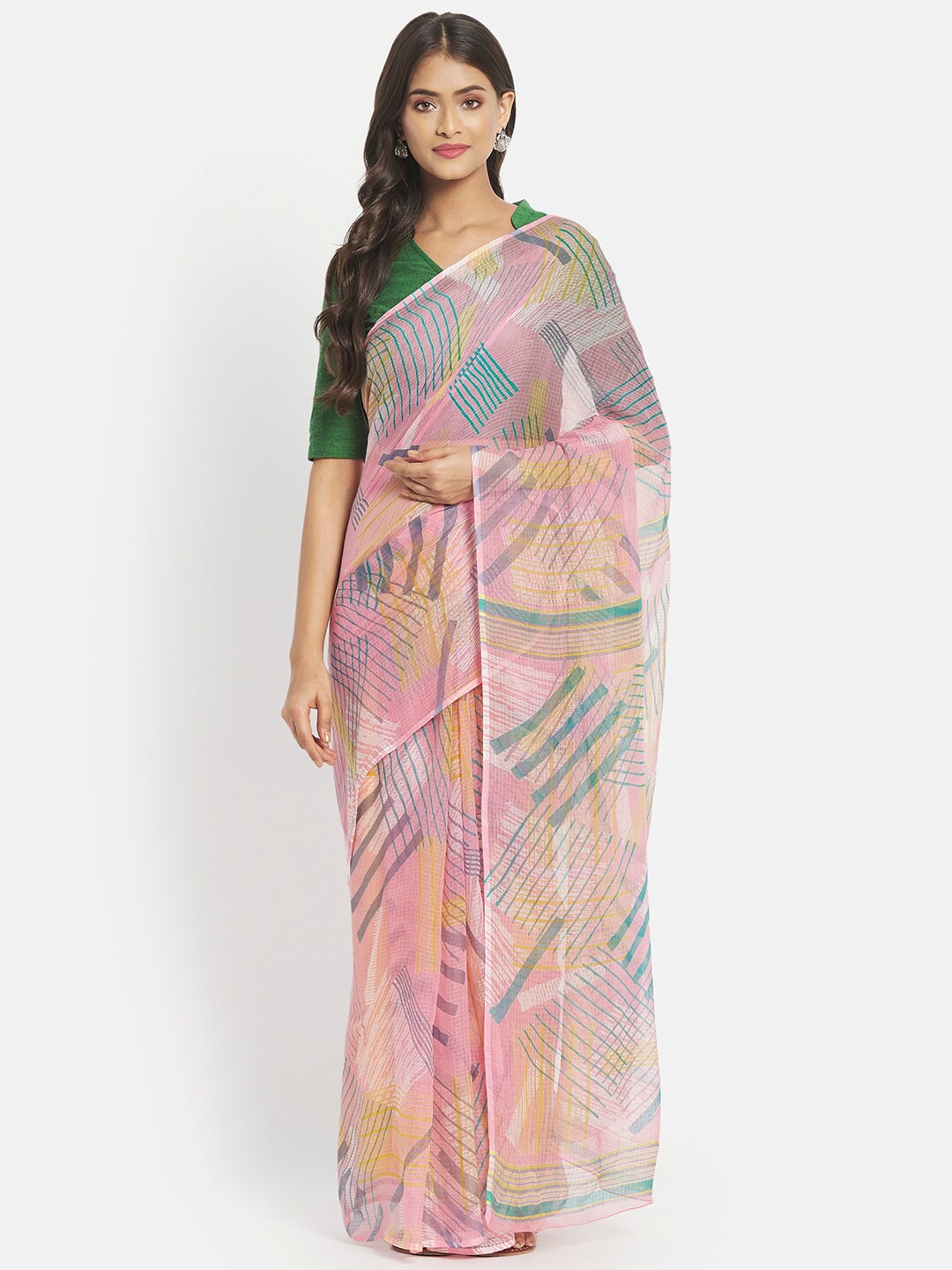 

Fabindia Pink & Blue Silk Cotton Block Print Saree