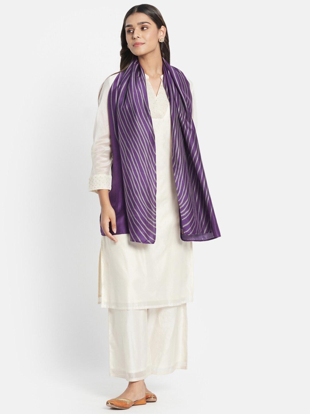 

Fabindia Women Purple & White Striped Silk Stole