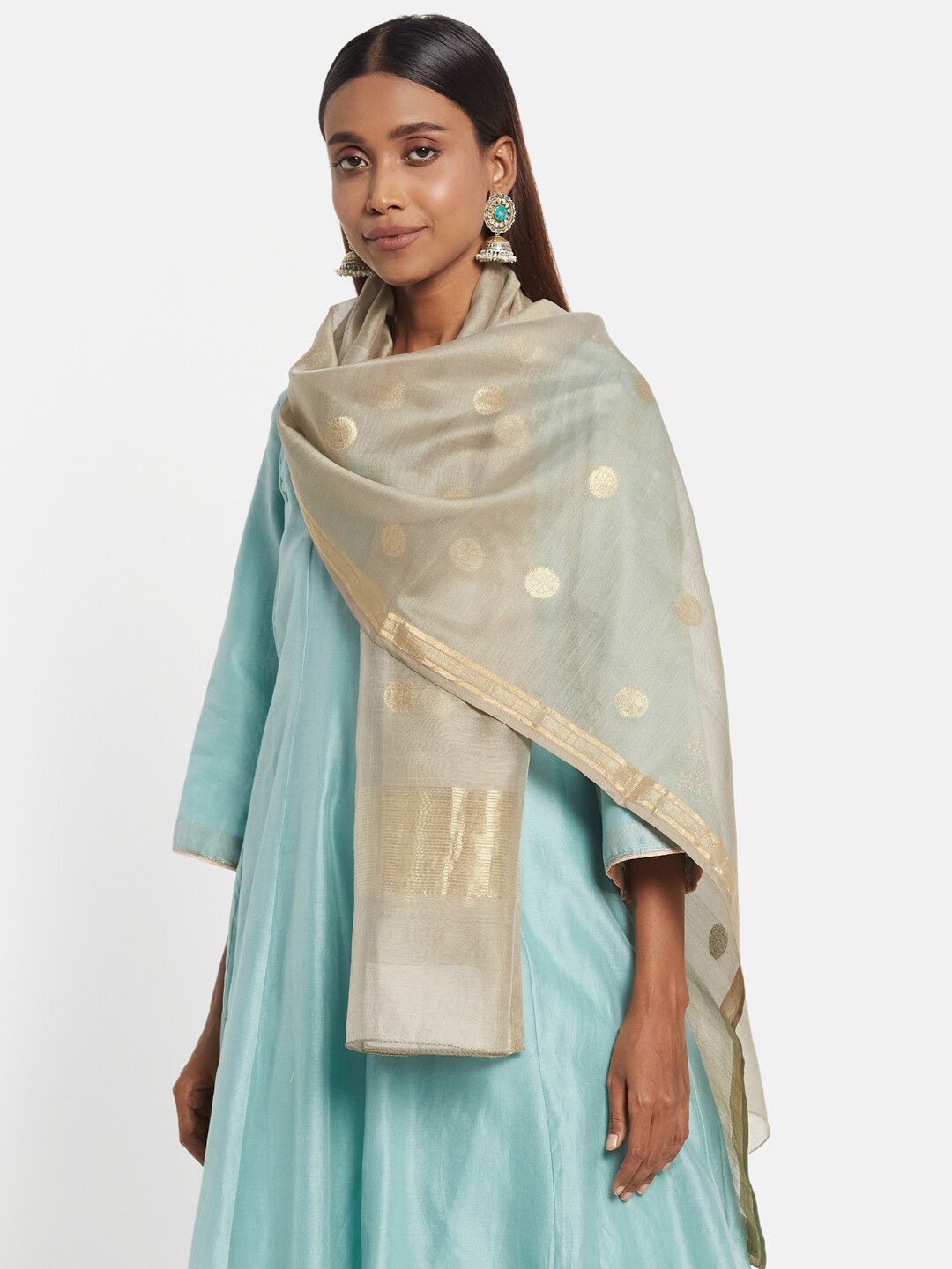 

Fabindia Women Beige & Gold-Toned Woven Design Stole