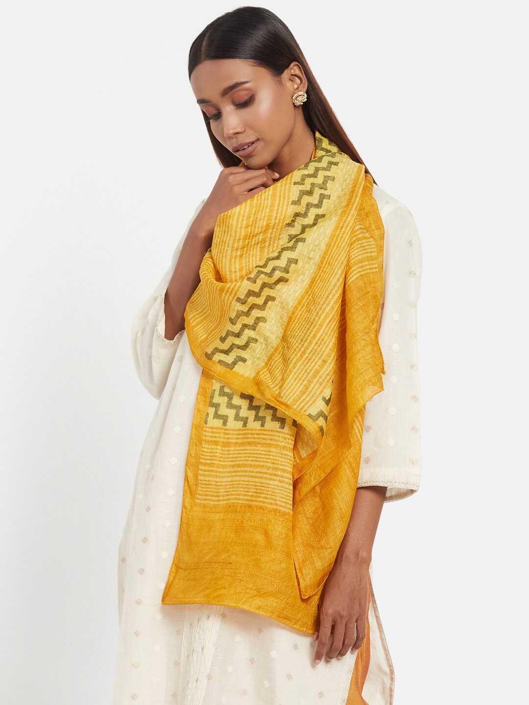 

Fabindia Women Yellow Printed Silk Hand Block Stole