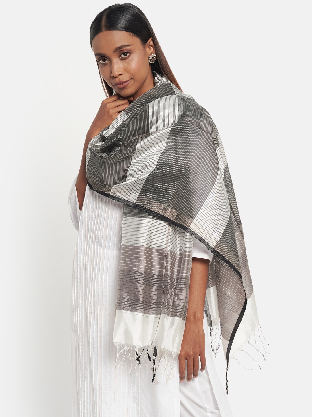 

Fabindia Women White & Grey Striped Stole