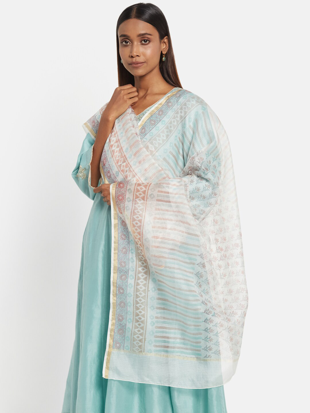 

Fabindia Off White & Beige Printed Cotton Silk Dupatta