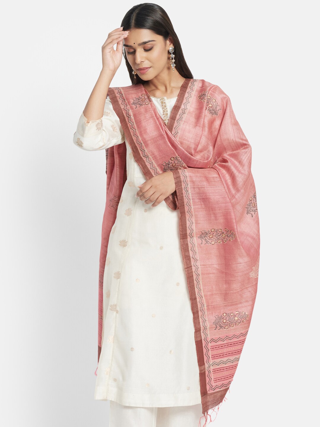 

Fabindia Pink & Blue Printed Pure Silk Dupatta