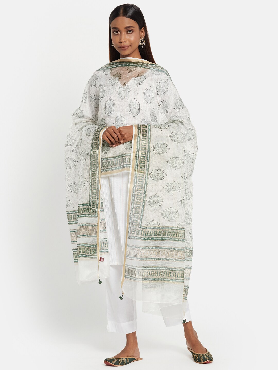 

Fabindia FabBasic White & Grey Ethnic Motifs Printed Pure Silk Dupatta