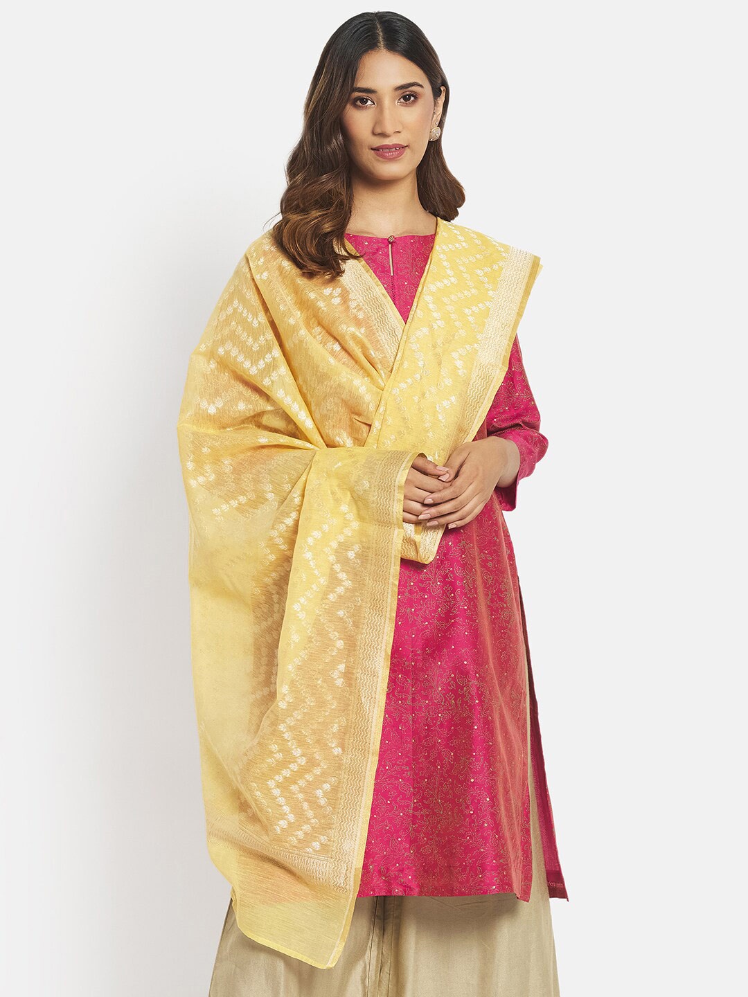 

Fabindia Yellow & Silver-Toned Ethnic Motifs Woven Design Cotton Silk Dupatta