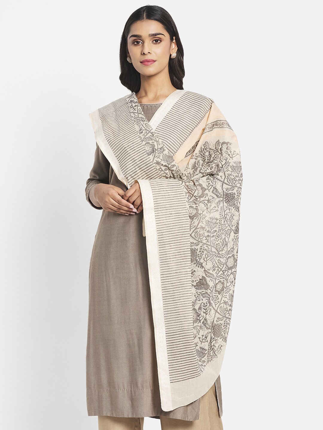 

Fabindia Beige & Grey Printed Pure Cotton Dupatta