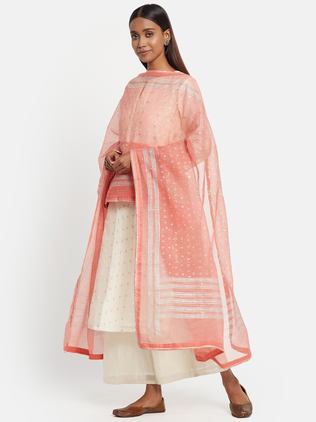 

Fabindia FabBasic Women Peach-Coloured & Silver-Toned Ethnic Motifs Printed Cotton Silk Dupatta