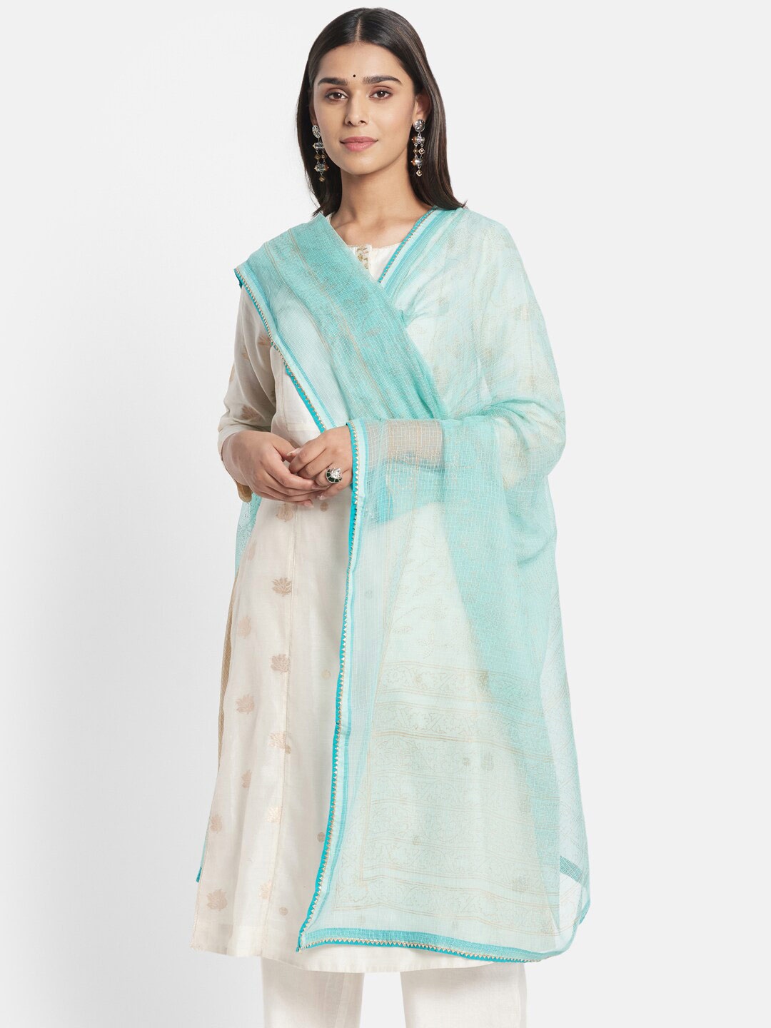 

Fabindia Blue & Off White Printed Cotton Silk Foil Print Dupatta