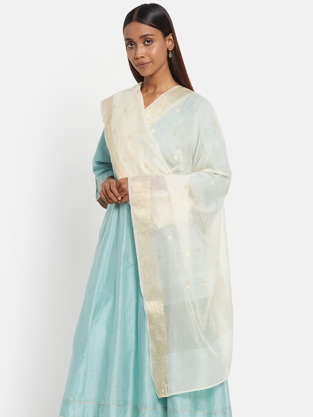

Fabindia Women Off White & Gold-Toned Printed Cotton Silk Dupatta