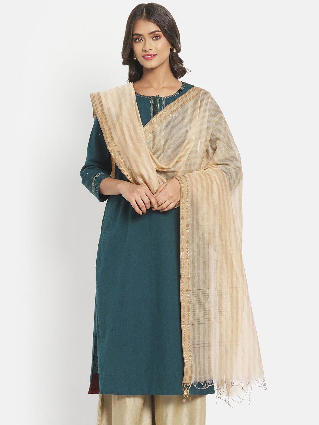 

Fabindia Beige & Gold-Toned Woven Design Cotton Silk Dupatta