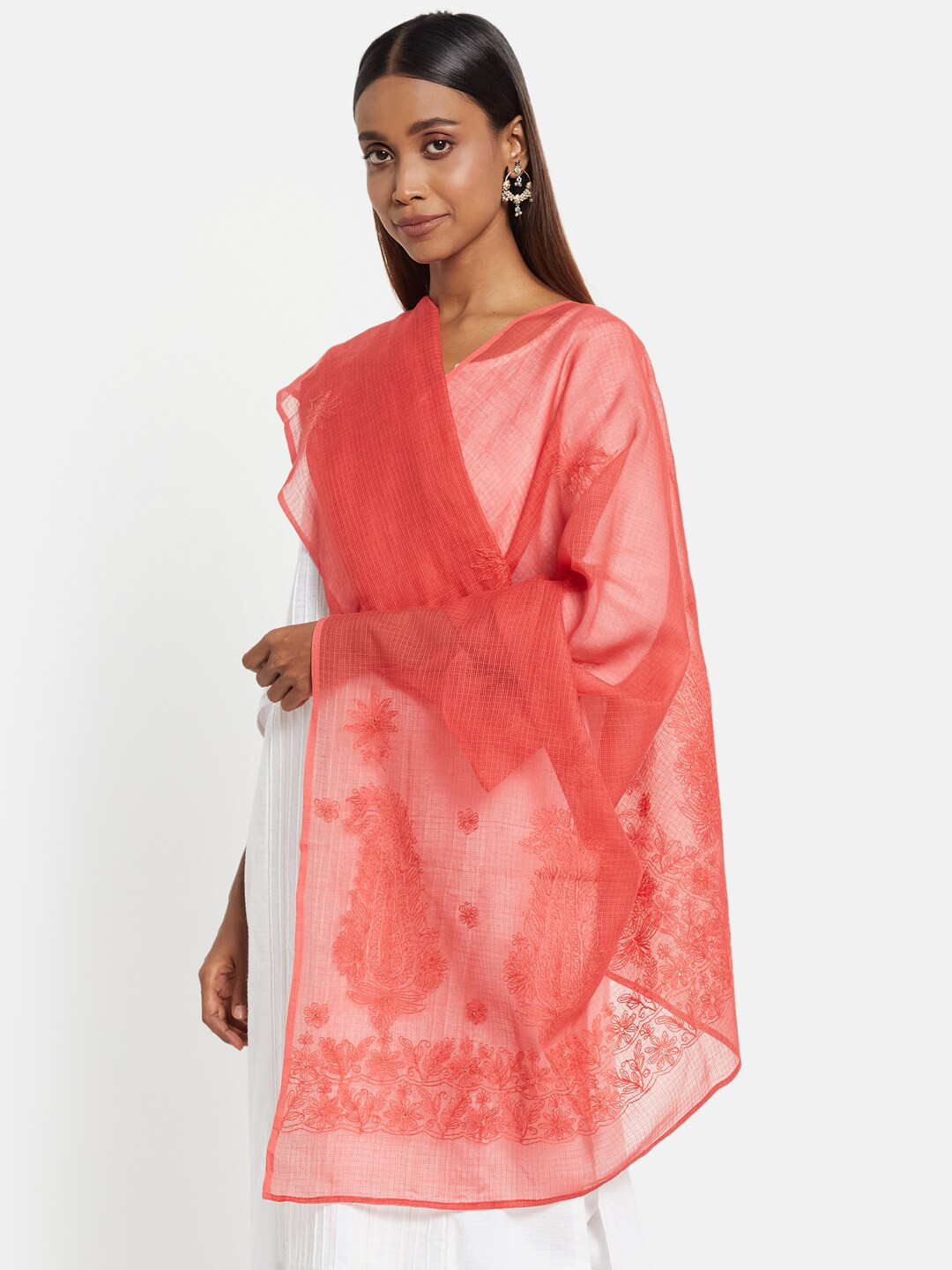 

Fabindia Red Embroidered Cotton Silk Dupatta with Thread Work