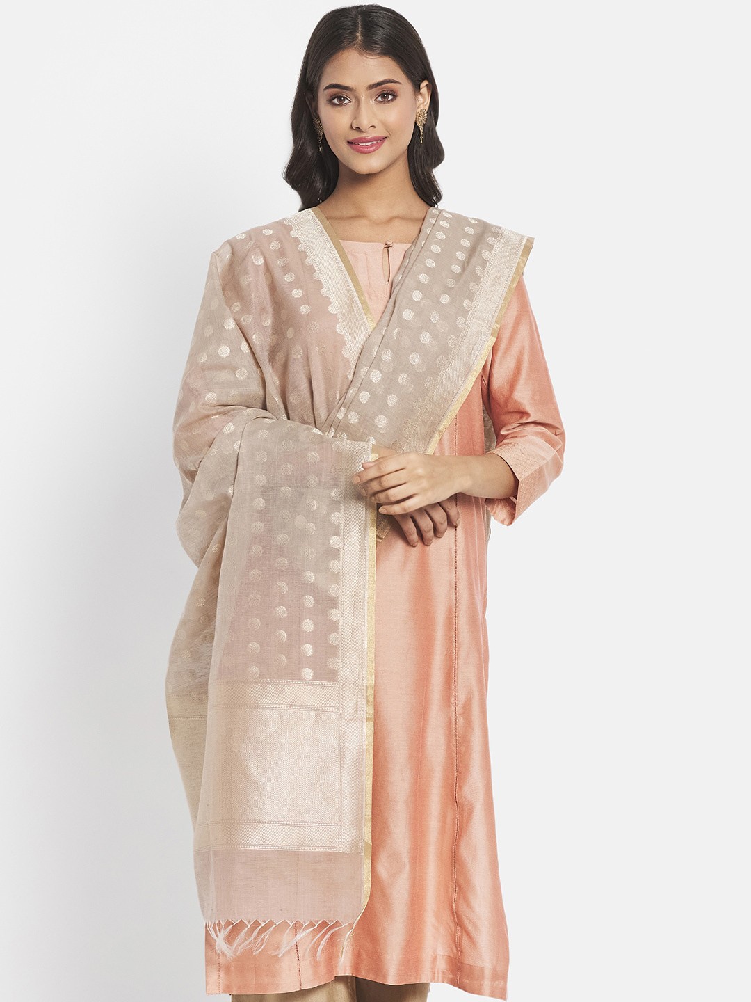 

Fabindia Beige & Gold-Toned Printed Cotton Silk Dupatta