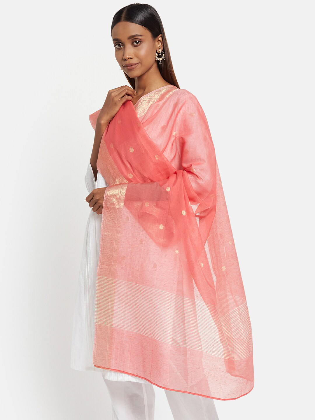 

Fabindia Red & Gold-Toned Woven Design Cotton Silk Dupatta