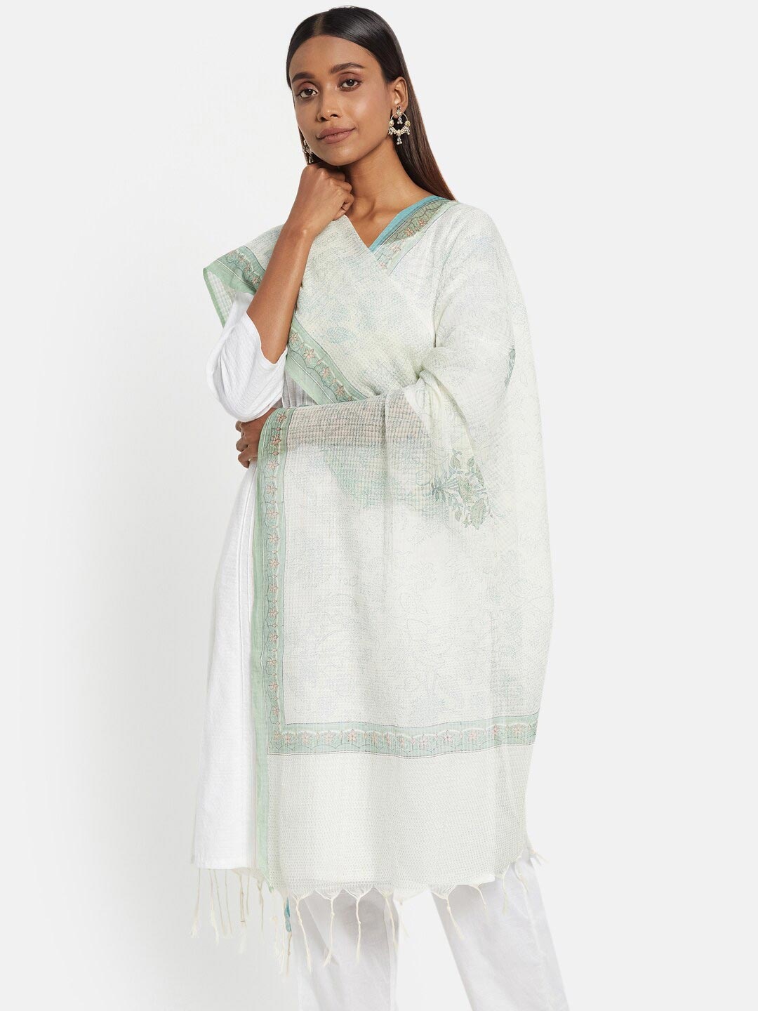 

Fabindia White & Green Printed Pure Cotton Dupatta