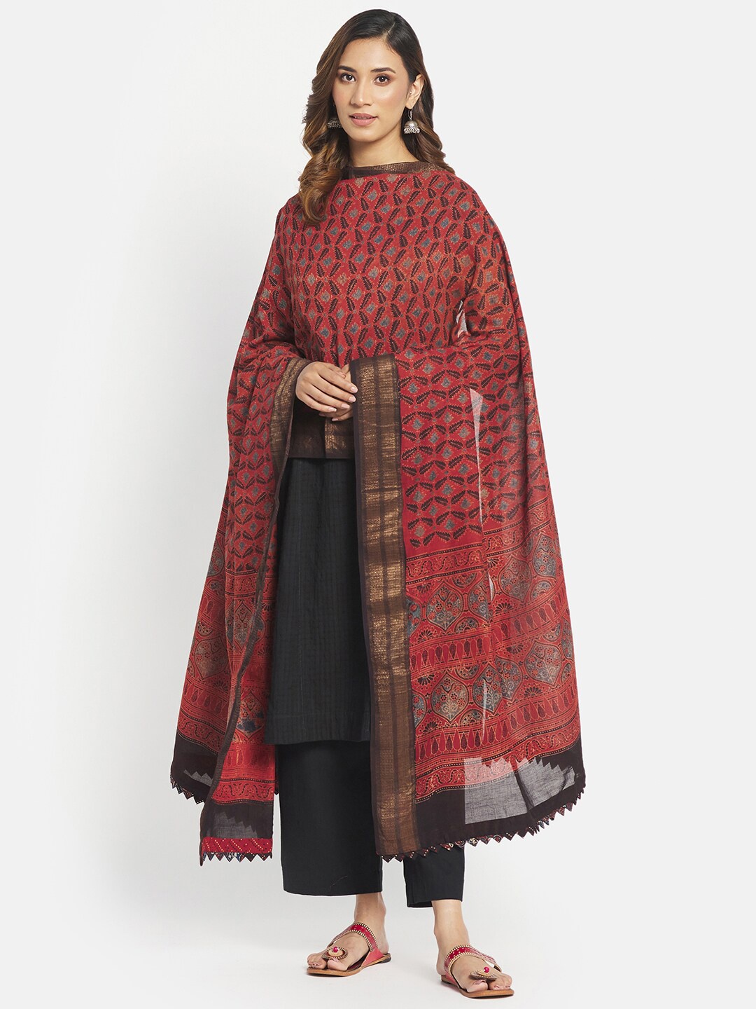 

Fabindia Red & Black Ethnic Motifs Printed Cotton Silk Dupatta
