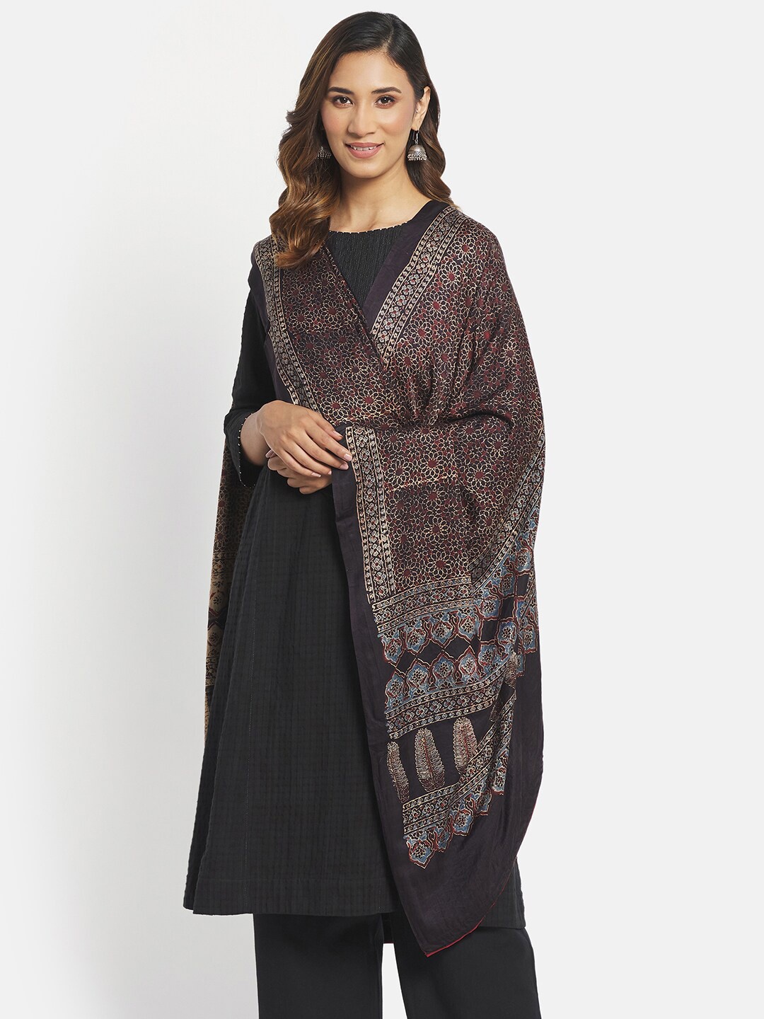 

Fabindia Black & Blue Ethnic Motifs Printed Pure Silk Dupatta