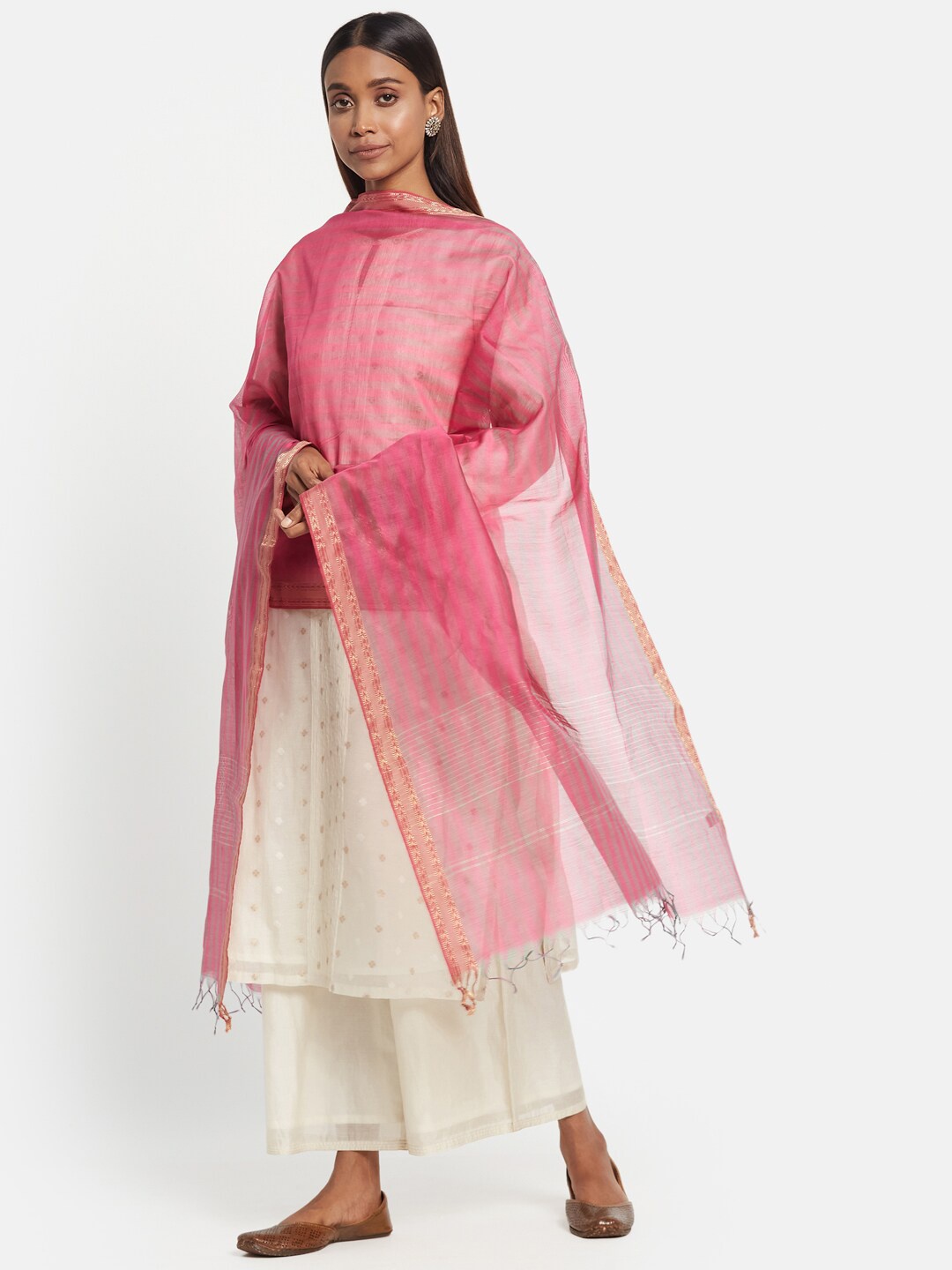 

Fabindia FabBasic Magenta & Silver-Toned Woven Design Cotton Silk Dupatta