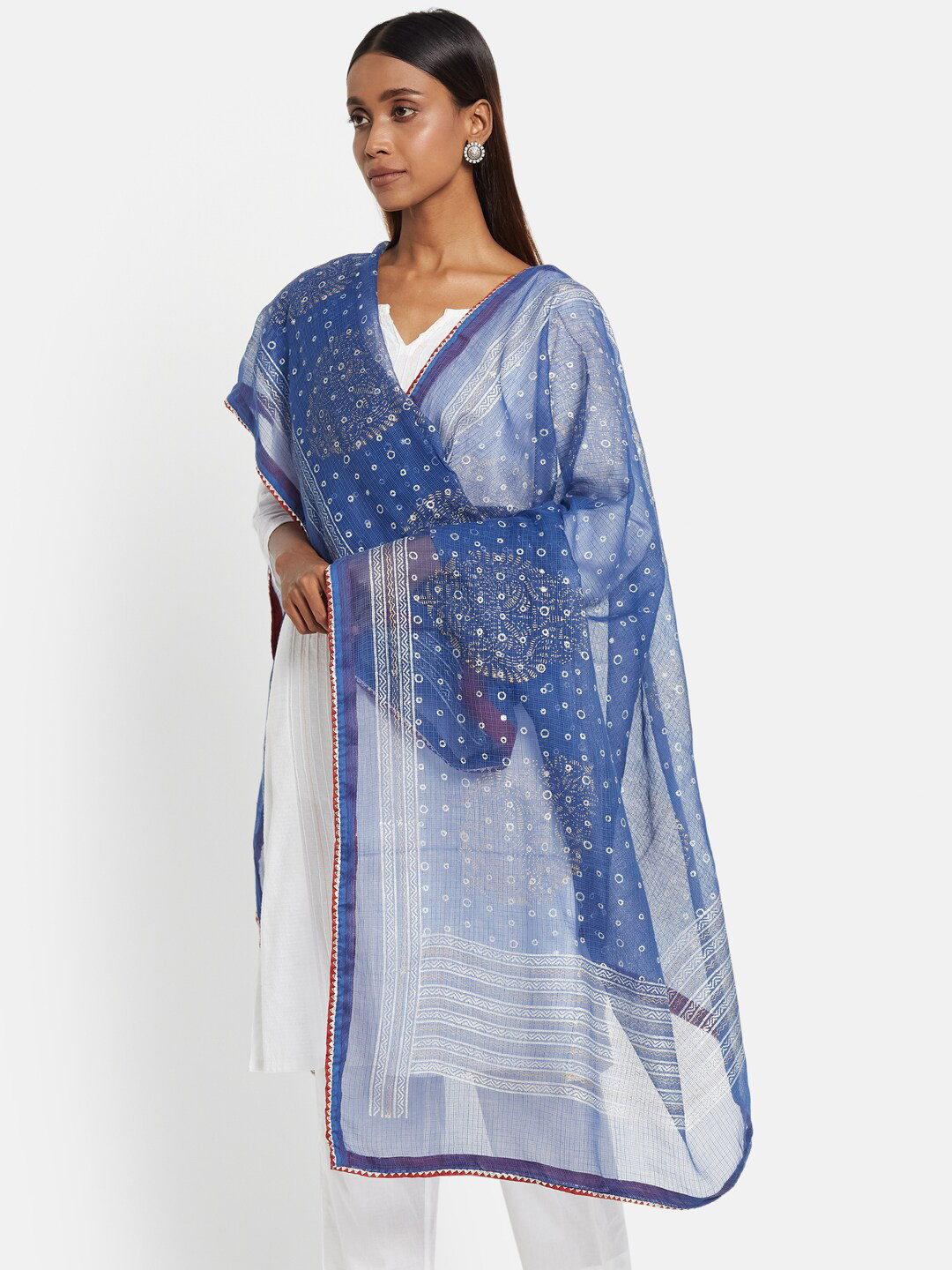 

Fabindia Blue & Off White Ethnic Motifs Printed Cotton Silk Dupatta