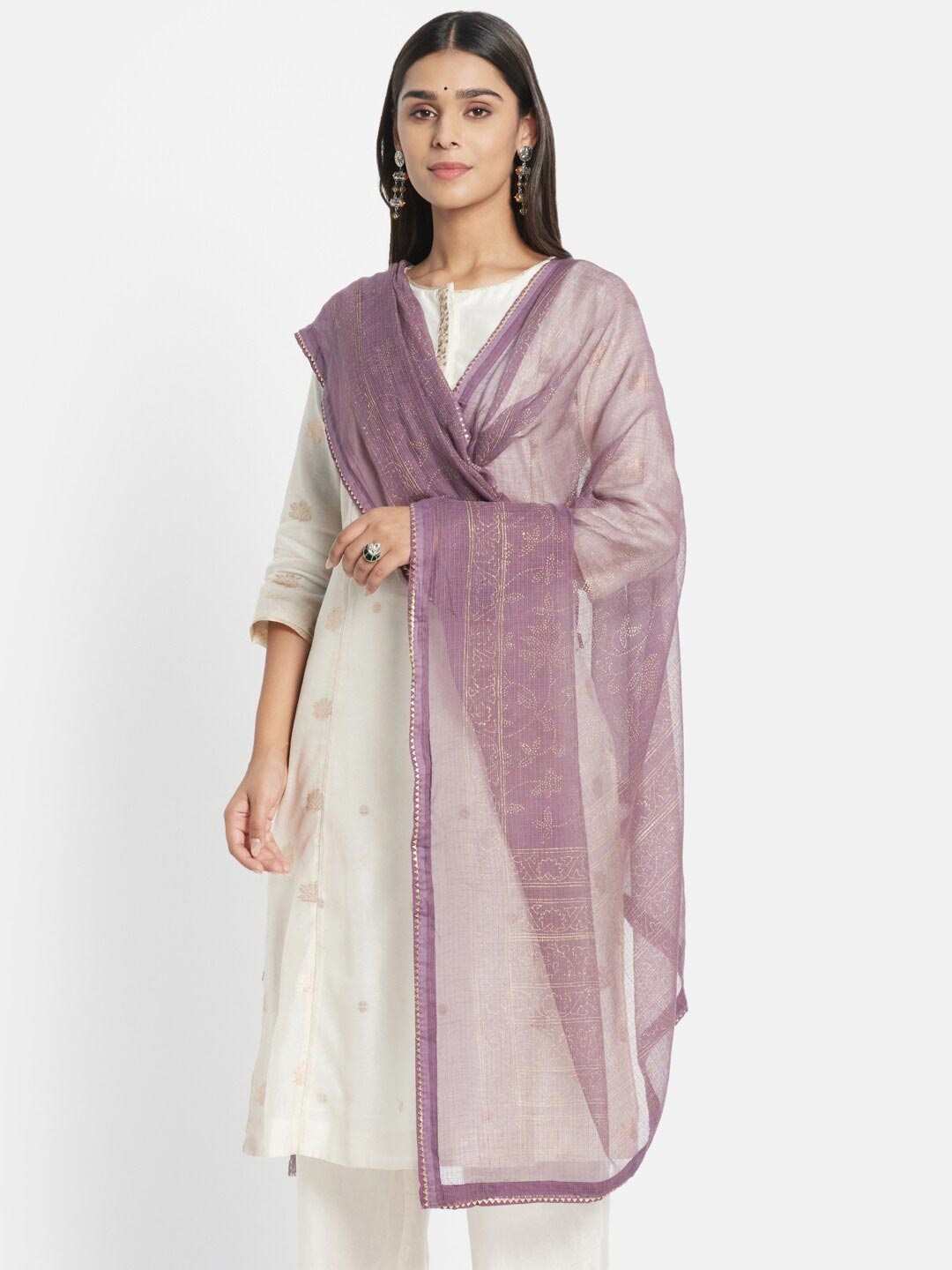 

Fabindia Purple & Gold-Toned Printed Cotton Silk Dupatta