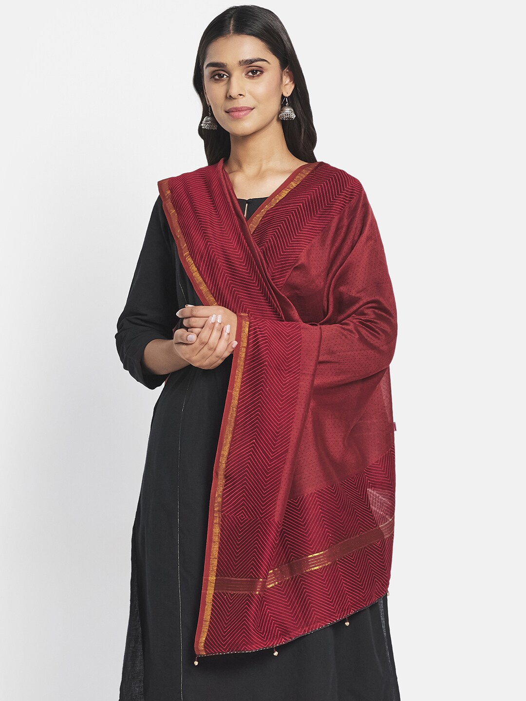 

Fabindia Burgundy Printed Cotton Silk Dupatta