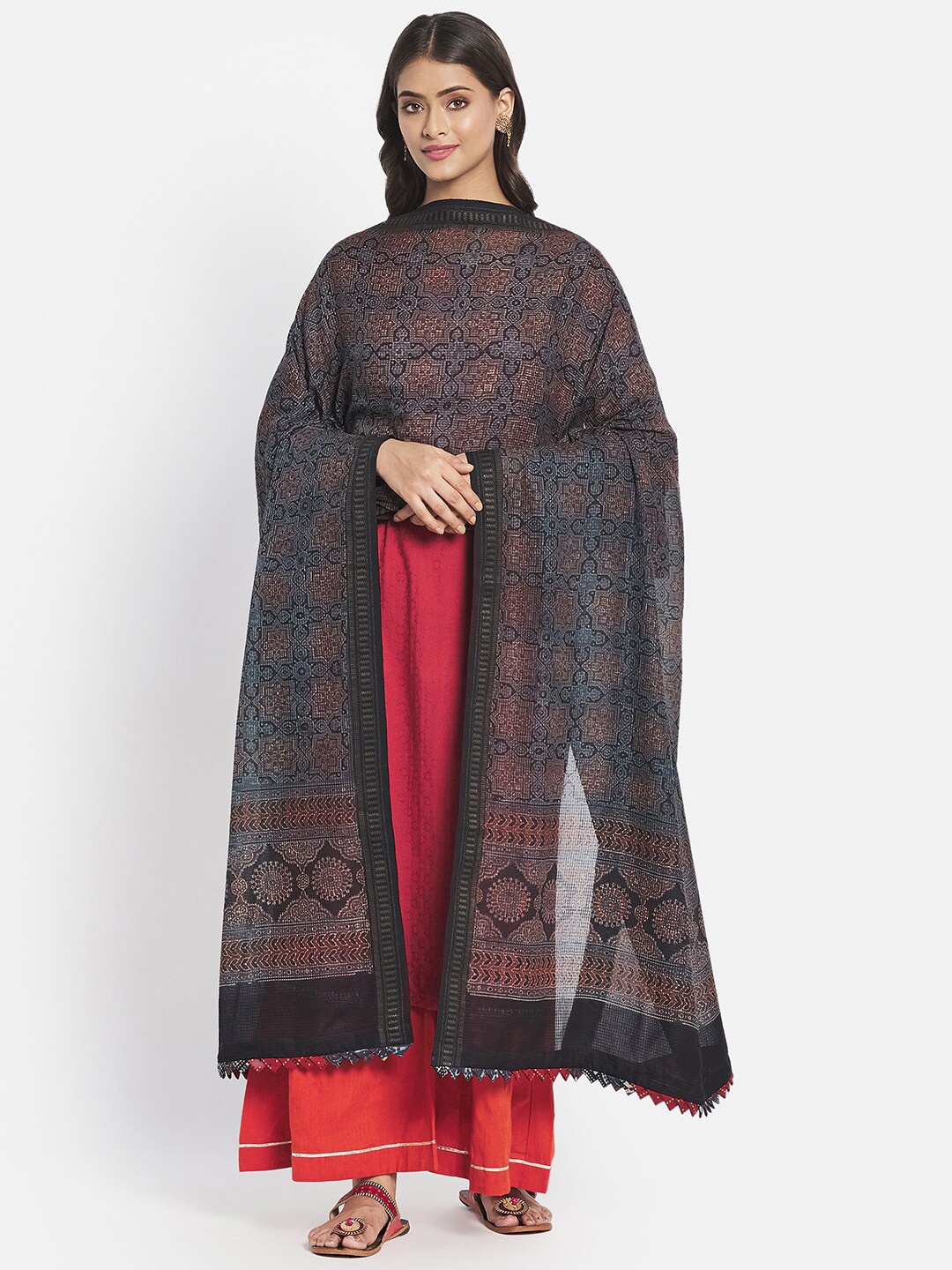 

Fabindia Black & Red Ethnic Motifs Printed Cotton Silk Dupatta