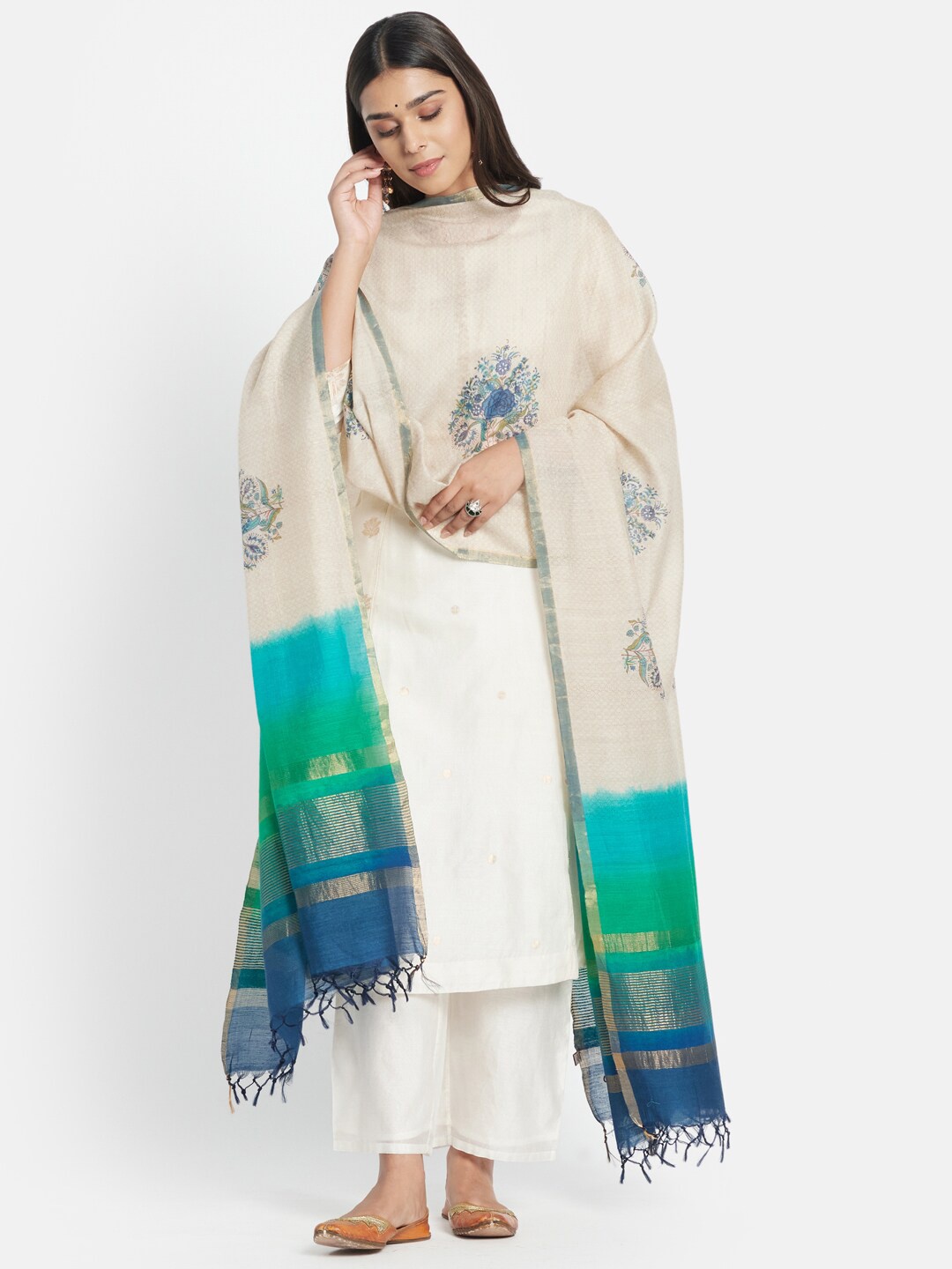 

Fabindia Women Off White & Blue Ethnic Motifs Printed Pure Silk Dupatta
