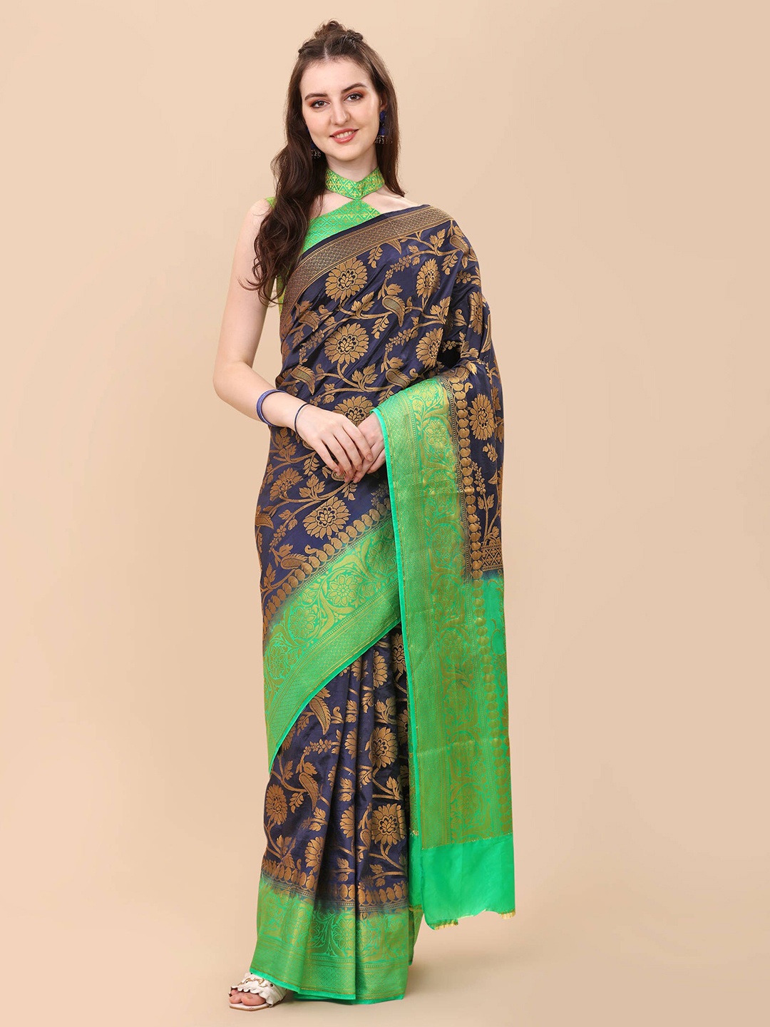 

nirja Fab Navy Blue & Green Woven Design Zari Silk Cotton Banarasi Saree