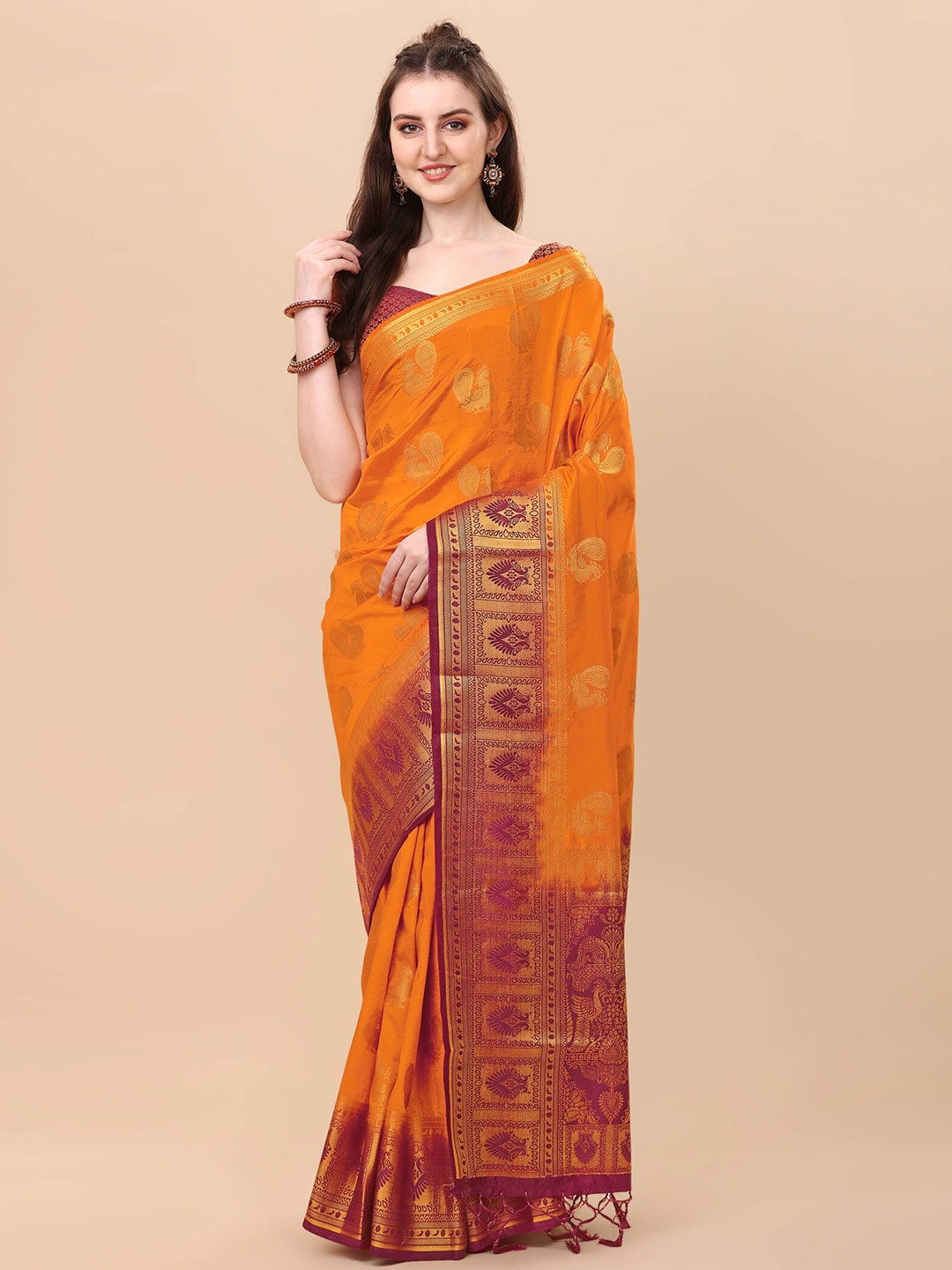 

nirja Fab Mustard & Gold-Toned Ethnic Motifs Zari Silk Blend Banarasi Saree