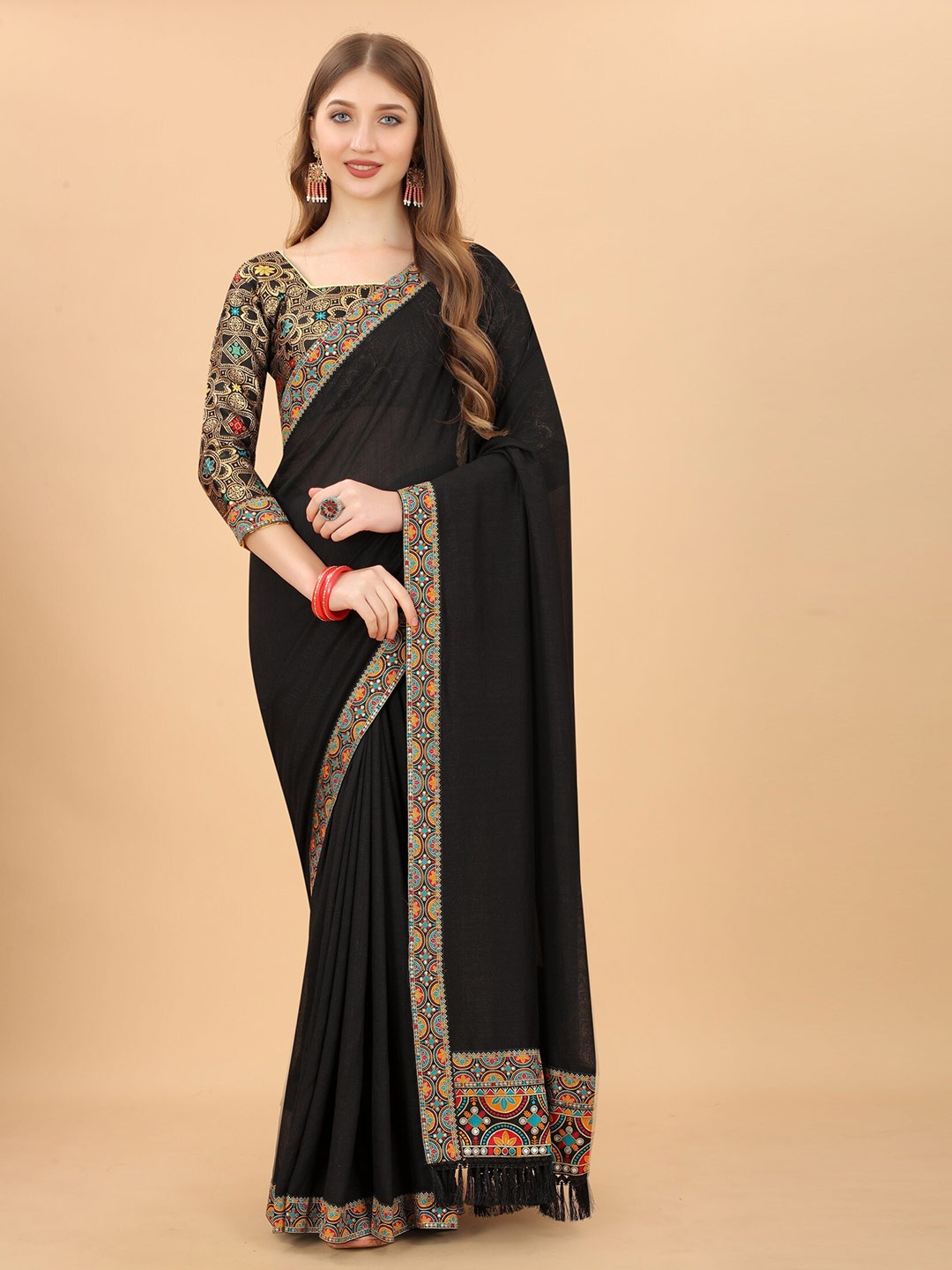 

Grubstaker Black & Blue Ethnic Motifs Printed Pure Silk Saree