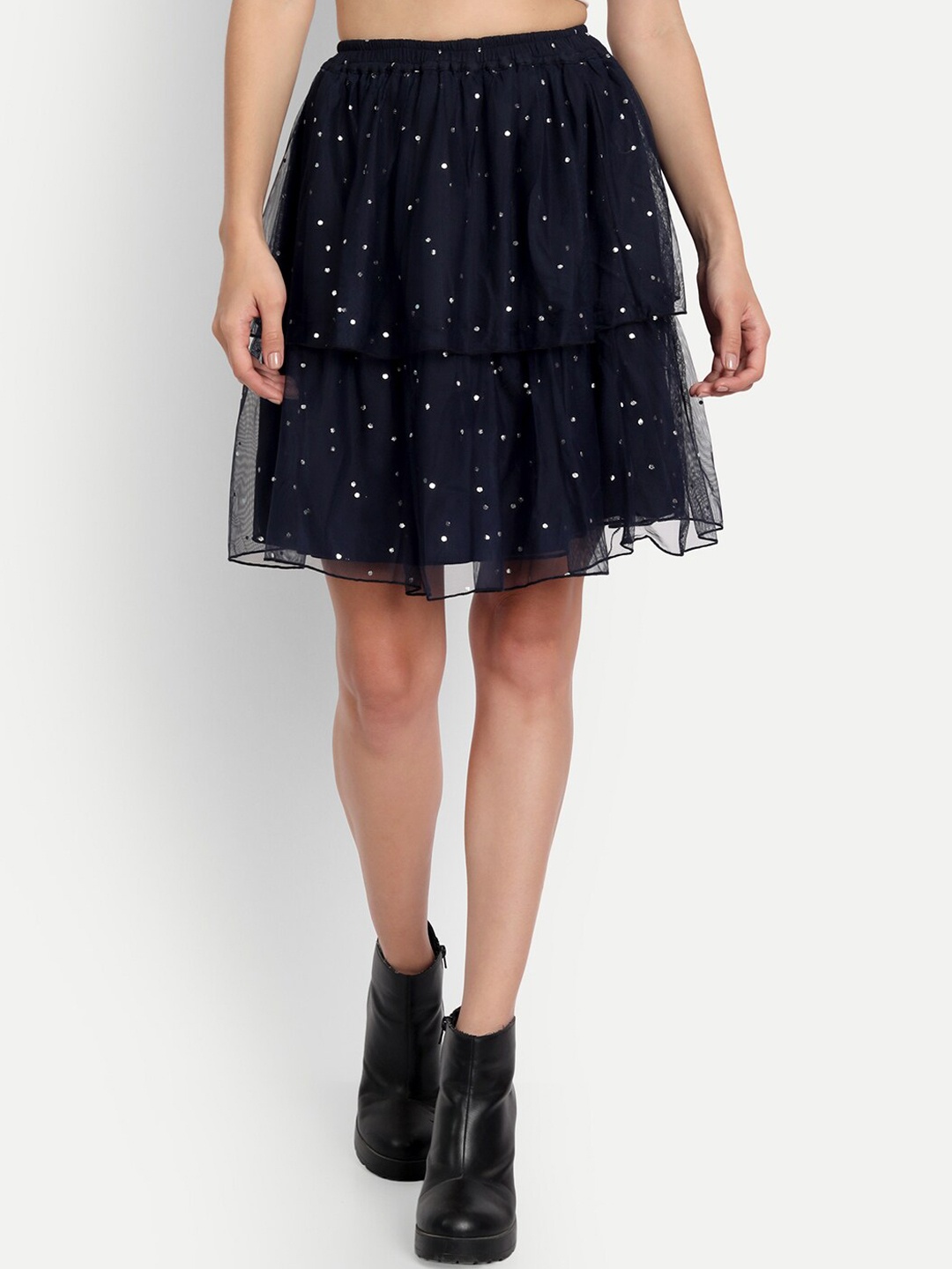 

ESSQUE Women Navy Blue Foil Printed Above Knee Tiered Skirts