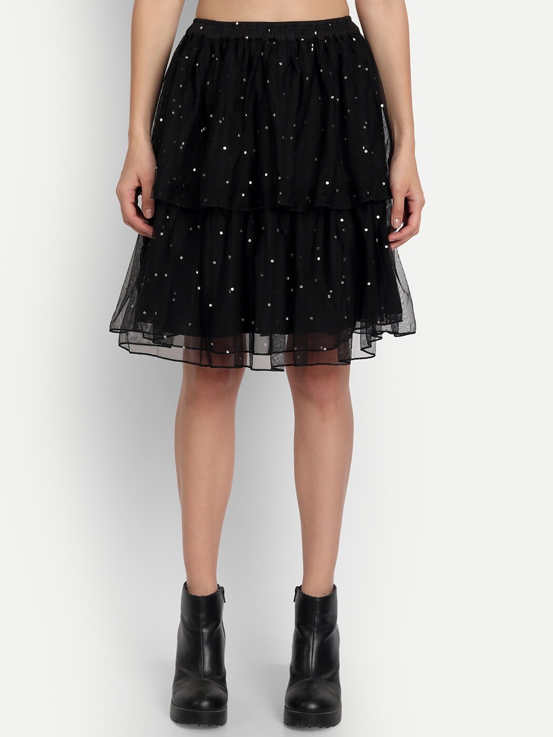 

ESSQUE Women Black Tiered Above Knee Length skirt