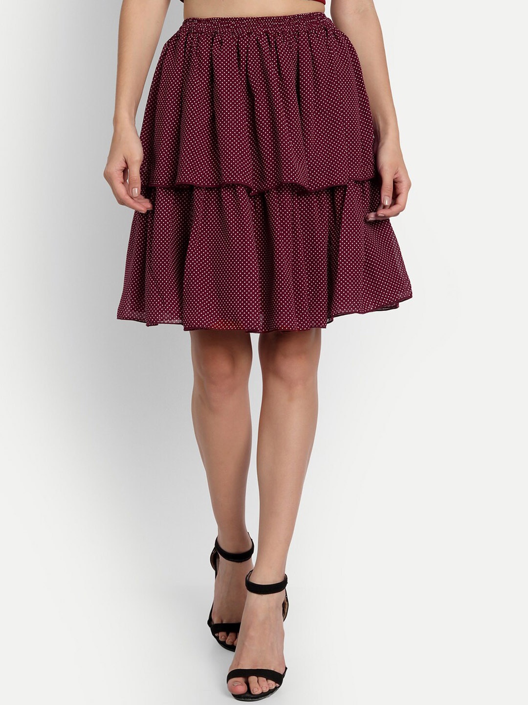 

ESSQUE Women Maroon Maroon Polka Dots Tiers Skirt