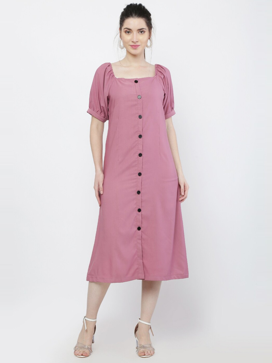 

WinEra Pink Solid A-Line Midi Dress