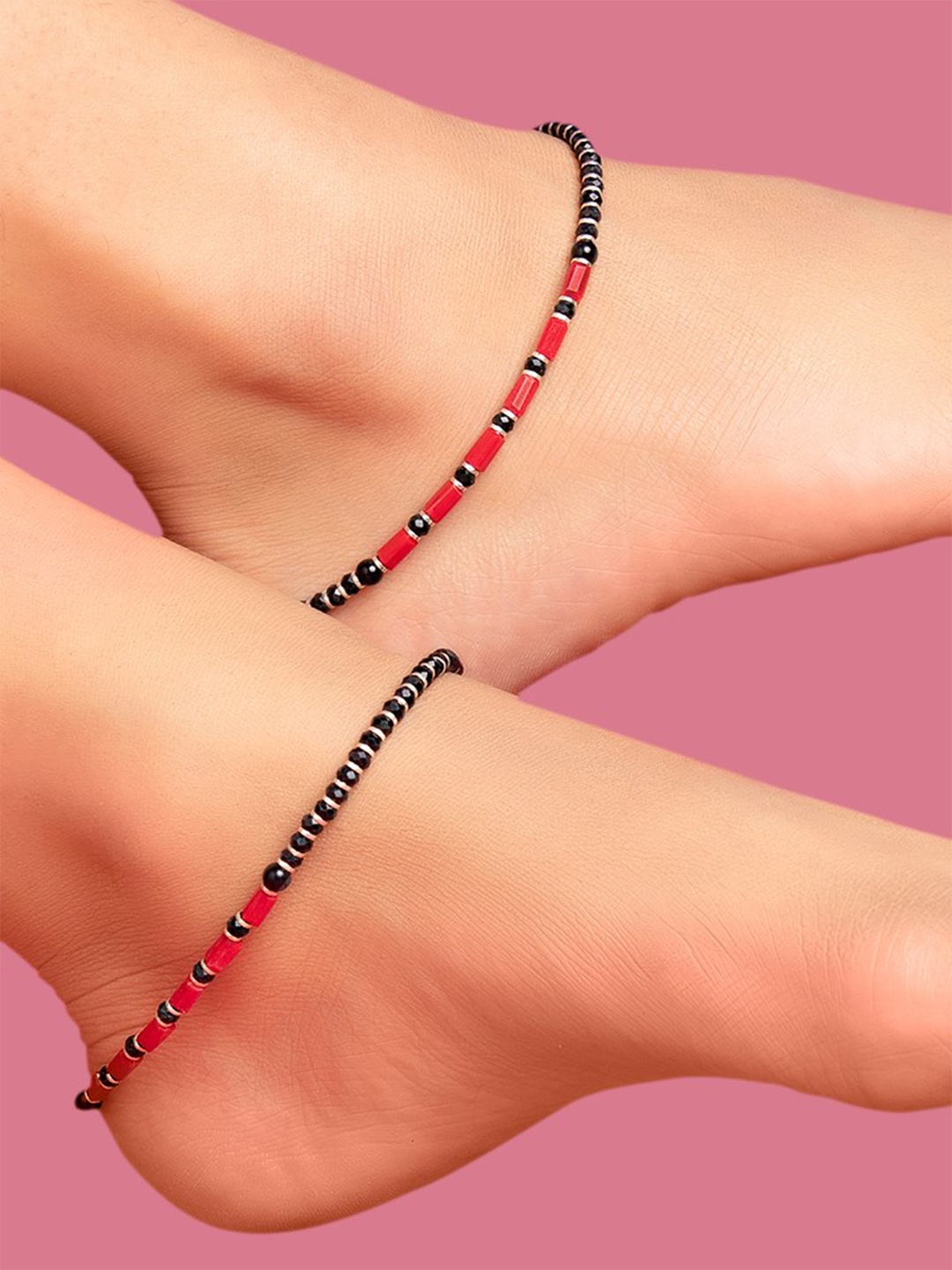 

Zavya Women Set of 2 Artificial Beaded 92.5 Sterling Silver-Plated Anklets, Red