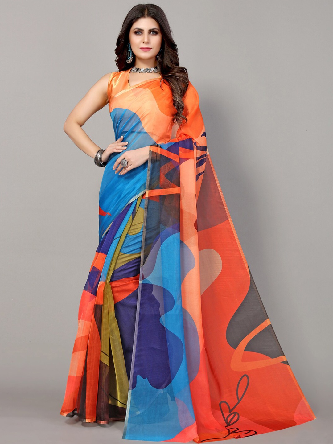 

Mitera Women Red & Purple Abstract Organza Saree