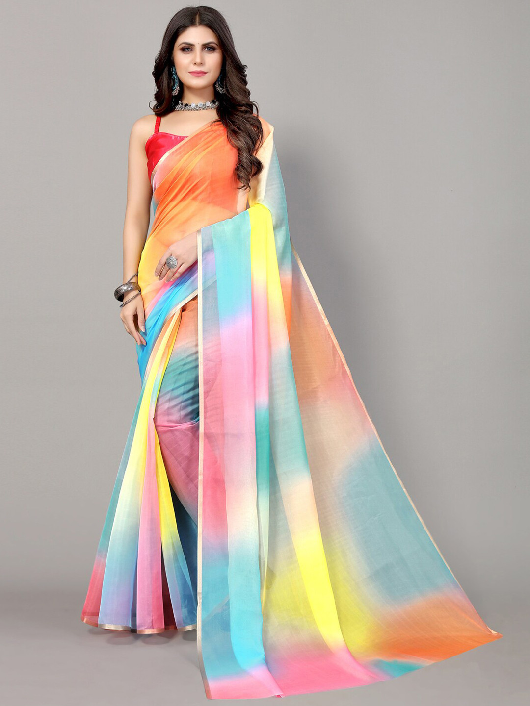 

Mitera Pink & Blue Tie and Dye Organza Saree