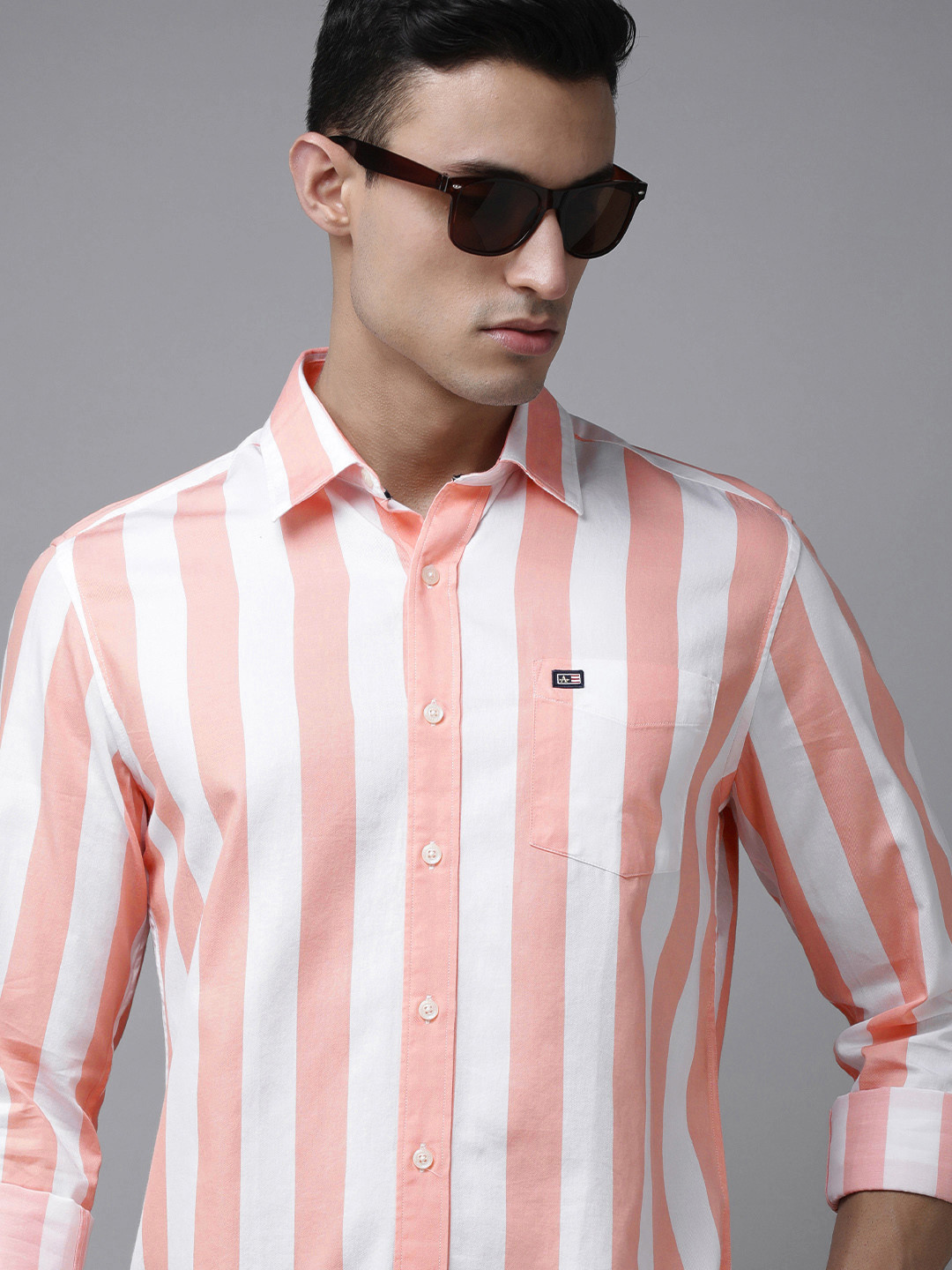 

Arrow Sport Men Peach & White Original Slim Fit Striped Pure Cotton Casual Shirt